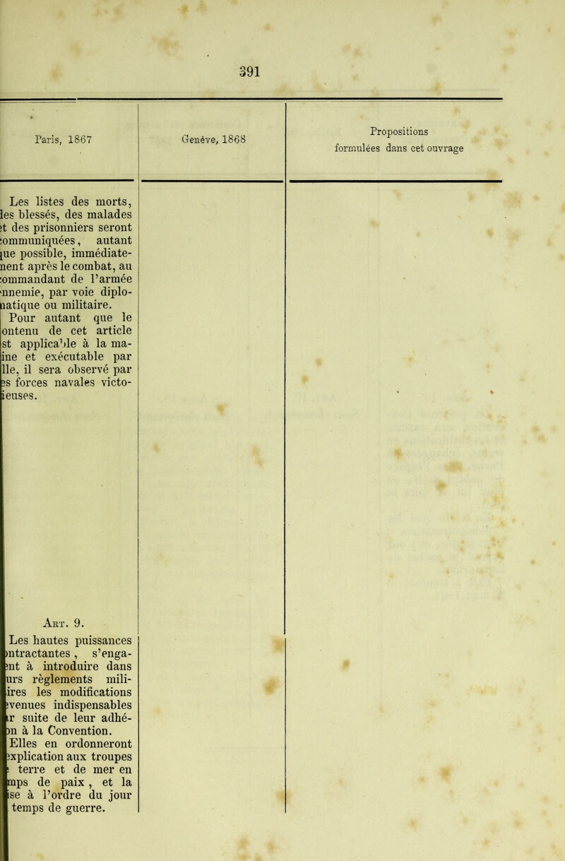 Paris, 1867 Genève, 1868 Propositions formulées dans cet ouvrage Les listes des morts, les blessés, des malades it des prisonniers seront îomnmniquées, autant [ue possible, immédiate- nent après le combat, au iommandant de l’armée ‘nnemie, par voie diplo- aatique ou militaire. Pour autant que le ontenu de cet article St applicable à la ma- ine et exécutable par lie, il sera observé par îs forces navales victo- ieuses. Art. 9. Les hautes puissances mtractantes, s’enga- int à introduire dans urs règlements mili- ires les modifications 'venues indispensables ir suite de leur adhé- m à la Convention. Elles en ordonneront ixplication aux troupes I terre et de mer en mps de paix, et la ise à l’ordre du jour temps de guerre.