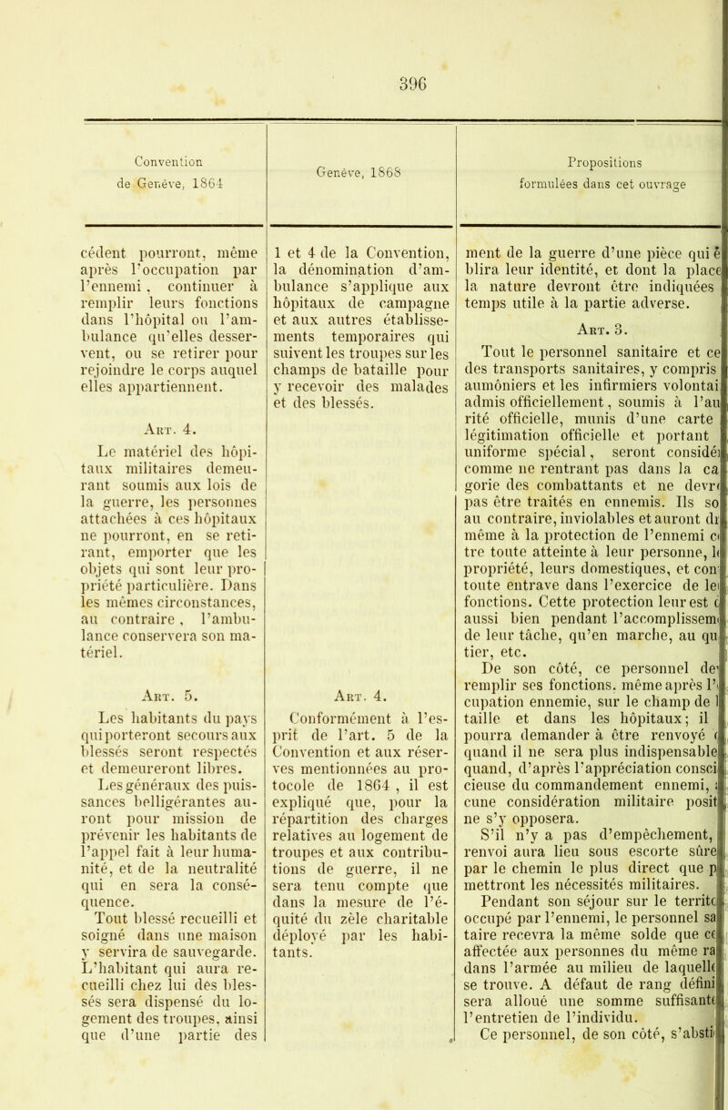Convention de Genève, 1864 Genève, 1868 Propositions formulées dans cet ouvrage cèdent pourront, même après l'occupation par l’ennemi, continuer à remplir leurs fonctions dans rhôpital ou l’am- bulance qu’elles desser- vent, ou se retirer pour rejoindre le corps auquel elles appartiennent. Art. 4. Le matériel des hôpi- taux militaires demeu- rant soumis aux lois de la guerre, les personnes attachées à ces hôpitaux ne pourront, en se reti- rant, emporter que les objets qui sont leur pro- priété particulière. Dans les mêmes circonstances, au contraire, l’ambu- lance conservera son ma- tériel. Art. 5. Les habitants du pays qui porteront secours aux blessés seront respectés et demeureront libres. Les généraux des puis- sances belligérantes au- ront pour mission de prévenir les habitants de l’appel fait à leur huma- nité, et de la neutralité qui en sera la consé- quence. Tout blessé recueilli et soigné dans une maison y servira de sauvegarde. L’habitant qui aura re- cueilli chez lui des bles- sés sera dispensé du lo- gement des troupes, ainsi que d’une partie des 1 et 4 de la Convention, la dénomination d’am- bulance s’applique aux hôpitaux de campagne et aux autres établisse- ments temporaires qui suivent les troupes sur les champs de bataille pour y recevoir des malades et des blessés. Art. 4. Conformément à l’es- prit de l’art. 5 de la Convention et aux réser- ves mentionnées au pro- tocole de 1864 , il est expliqué que, pour la répartition des charges relatives au logement de troupes et aux contribu- tions de guerre, il ne sera tenu compte que dans la mesure de l’é- quité du zèle charitable déployé par les habi- tants. ment de la guerre d’une pièce quiê blira leur identité, et dont la place la nature devront être indiquées temps utile à la partie adverse. Art. 3. Tout le personnel sanitaire et ce des transports sanitaires, y compris aumôniers et les infirmiers volontai admis officiellement, soumis à l’au rité officielle, munis d’une carte légitimation officielle et portant uniforme spécial, seront considéi comme ne rentrant pas dans la ca gorie des combattants et ne devr< pas être traités en ennemis. Ils so au contraire, inviolables et auront dr même à la protection de l’ennemi c( tre toute atteinte à leur personne, h propriété, leurs domestiques, et com toute entrave dans l’exercice de lei fonctions. Cette protection leur est c aussi bien pendant l’accomplissemi de leur tâche, qu’en marche, au qu tier, etc. De son côté, ce personnel de’ remplir ses fonctions, même après l’i cupation ennemie, sur le champ de 1 taille et dans les hôpitaux; il pourra demander à être renvoyé ( quand il ne sera plus indispensable quand, d’après l’appréciation consci cieuse du commandement ennemi, i cune considération militaire posit ne s’y opposera. S’il n’y a pas d’empêchement, renvoi aura lieu sous escorte sûre par le chemin le plus direct que p mettront les nécessités militaires. Pendant son séjour sur le territc occupé par l’ennemi, le personnel sa taire recevra la même solde que ce affectée aux personnes du même ra dans l’armée au milieu de laquelle se trouve. A défaut de rang défini sera alloué une somme suffisante l’entretien de l’individu. Ce personnel, de son côté, s’abstl