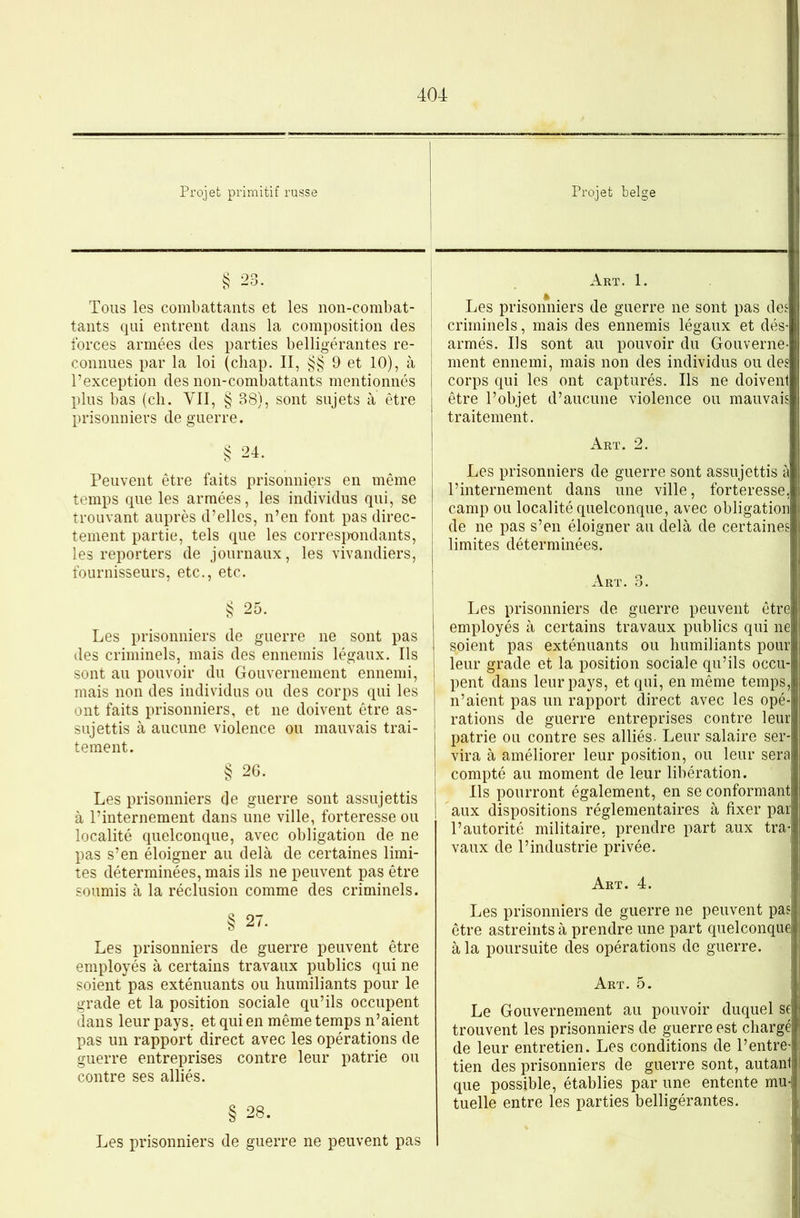 Projet primitif russe Projet belge § 23. Tous les combattants et les non-combat- tants qui entrent dans la composition des forces armées des parties belligérantes re- connues par la loi (chap. II, §§ 9 et 10), à l’exception des non-combattants mentionnés plus bas (ch. Vil, § 38), sont sujets à être prisonniers de guerre. § 24. Peuvent être faits prisonniers en même temps que les armées, les individus qui, se trouvant auprès d’elles, n’en font pas direc- tement partie, tels que les correspondants, les reporters de journaux, les vivandiers, fournisseurs, etc., etc. § 25. Les prisonniers de guerre ne sont pas des criminels, mais des ennemis légaux. Ils sont au pouvoir du Gouvernement ennemi, mais non des individus ou des corps qui les ont faits prisonniers, et ne doivent être as- sujettis cà aucune violence ou mauvais trai- tement. § 26. Les prisonniers de guerre sont assujettis à l’internement dans une ville, forteresse ou localité quelconque, avec obligation de ne pas s’en éloigner au delà de certaines limi- tes déterminées, mais ils ne peuvent pas être soumis à la réclusion comme des criminels. § 27. Les prisonniers de guerre peuvent être employés à certains travaux publics qui ne soient pas exténuants ou humiliants pour le grade et la position sociale qu’ils occupent dans leur pays, et qui en même temps n’aient pas un rapport direct avec les opérations de guerre entreprises contre leur patrie ou contre ses alliés. § 28. Les prisonniers de guerre ne peuvent pas Art. 1. Les prisonniers de guerre ne sont pas def criminels, mais des ennemis légaux et dés- armés. Ils sont au pouvoir du Gouverne- ment ennemi, mais non des individus ou des corps qui les ont capturés. Ils ne doivent être l’objet d’aucune violence ou mauvais traitement. Art. 2. Les prisonniers de guerre sont assujettis à l’internement dans une ville, forteresse, camp ou localité quelconque, avec obligation de ne pas s’en éloigner au delà de certaines limites déterminées. Art. 3. Les prisonniers de guerre peuvent être employés à certains travaux publics qui ne soient pas exténuants ou humiliants pour leur grade et la position sociale qu’ils occu- pent dans leur pays, et qui, en même temps, n’aient pas un rapport direct avec les opé- rations de guerre entreprises contre leur patrie ou contre ses alliés. Leur salaire ser- vira à améliorer leur position, ou leur sera compté au moment de leur libération. Ils pourront également, en se conformant aux dispositions réglementaires à fixer par l’autorité militaire, prendre part aux tra- vaux de l’industrie privée. Art. 4. Les prisonniers de guerre ne peuvent pas être astreints à prendre une part quelconque à la poursuite des opérations de guerre. Art. 5. Le Gouvernement au pouvoir duquel se trouvent les prisonniers de guerre est chargé de leur entretien. Les conditions de l’entre- tien des prisonniers de guerre sont, autant que possible, établies par une entente mu- tuelle entre les parties belligérantes.