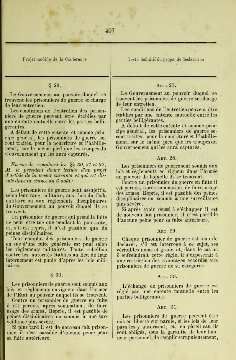 Projet modifié de la Conférence § 29. Le Gouvernement au pouvoir duquel se trouvent les prisonniers de guerre se charge de leur entretien. Les conditions de l’entretien des prison- niers de guerre peuvent être établies par une entente mutuelle entre les parties belli- gérantes.. A défaut de cette entente et comme prin- cipe général, les prisonniers de guerre se- ront traités, pour la nourriture et l’habille- ment, sur le même pied que les troupes du Gouvernement qui les aura capturés. En vue de remplacer les §§ 30, 31 et 32, M. le président donne lecture d’un projet d’article de la teneur suivante et qui est dis- cuté dans la séance du 6 août : Les prisonniers de guerre sont assujettis, selon leur rang militaire, aux lois du Code militaire ou aux règlements disciplinaires du Gouvernement au pouvoir duquel ils se trouvent. Un prisonnier de guerre qui prend la fuite ne peut être tué que pendant la poursuite, et, s’il est repris, il n’est passible que de peines disciplinaires. Tout complot des prisonniers de guerre en vue d’une fuite générale est puni selon les règlements militaires. Toute rébellion contre les autorités établies au lieu de leur internement est punie d’après les lois mili- taires. § 30. Les prisonniers de guerre sont soumis aux lois et règlements en vigueur dans l’armée de l’État au pouvoir duquel ils se trouvent. Contre un prisonnier de guerre en fuite il est permis, après sommation , de faire usage des armes. Repris, il est passible de peines disciplinaires ou soumis à une sur- veillance plus sévère. Si plus tard il est de nouveau fait prison- nier, il n’est passible d’aucune peine pour sa fuite antérieure. Texte définitif du projet de déclaration Art. 27. Le Gouvernement au pouvoir duquel se trouvent les prisonniers de guerre se charge de leur entretien. Les conditions de l’entretien peuvent être établies par une entente mutuelle entre les parties belligérantes. A défaut de cette entente et comme prin- cipe général, les prisonniers de guerre se- ront traités, pour la nourriture et l’habille- ment, sur le même pied que les troupes du Gouvernement qui les aura capturés. Art. 28. Les prisonniers de guerre sont soumis aux lois et règlements en vigueur dans l’armée au pouvoir de laquelle ils se trouvent. Contre un prisonnier de guerre en fuite il est permis, après sommation, de faire usage des armes. Repris, il est passible des peines disciplinaires ou soumis à une surveillance plus sévère. Si après avoir réussi à s’échapper il est de nouveau fait prisonnier, il n’est passible d’aucune peine pour sa fuite antérieure. Art. 29. Chaque prisonnier de guerre est tenu de déclarer, s’il est interrogé à ce sujet, ses véritables noms et grade et, dans le cas où il enfreindrait cette règle, il s’exposerait à une restriction des avantages accordés aux prisonniers de guerre de sa catégorie. Art. 30. L’échange de prisonniers de guerre est réglé par une entente mutuelle entre les parties belligérantes. Art. 31. Les prisonniers de guerre peuvent être mis en liberté sur parole, si les lois de leur pays les y autorisent, et, en pareil cas, ils sont obligés, sous la garantie de leur hon- neur personnel, de remplir scrupuleusement.