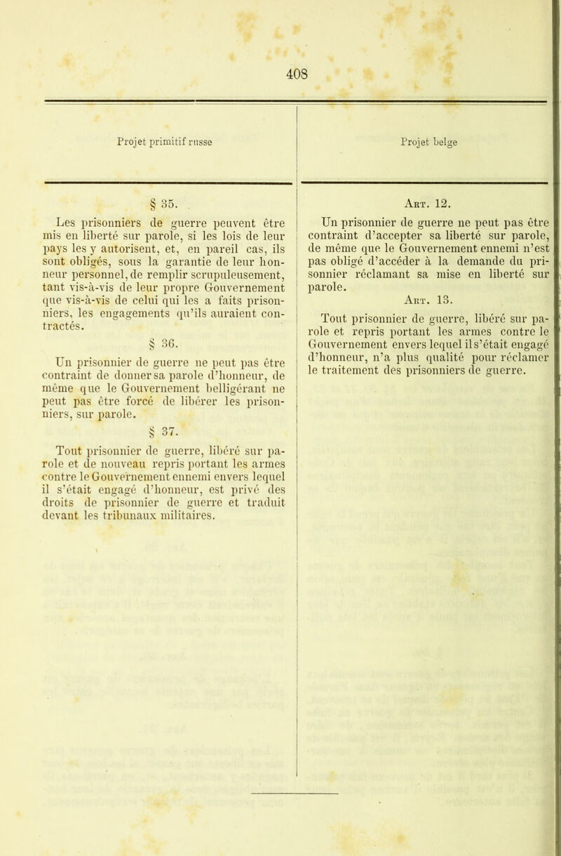 Projet primitif russe §35. Les prisonniers de guerre peuvent être mis en liberté sur parole, si les lois de leur pays les y autorisent, et, en pareil cas, ils sont obligés, sans la garantie de leur hon- neur personnel, de remplir scrupuleusement, tant vis-à-vis de leur propre Gouvernement que vis-à-vis de celui qui les a faits prison- niers, les engagements qu’ils auraient con- tractés. § 36. Un prisonnier de guerre ne peut pas être contraint de donner sa parole d’honneur, de même que le Gouvernement belligérant ne peut pas être forcé de libérer les prison- niers, sur parole. § 37. Tout prisonnier de guerre, libéré sur pa- role et de nouveau repris portant les armes contre le Gouvernement ennemi envers lequel il s’était engagé d’honneur, est privé des droits de prisonnier de guerre et traduit devant les tribunaux militaires. Projet belge Art. 12. Un prisonnier de guerre ne peut pas être contraint d’accepter sa liberté sur parole, de même que le Gouvernement ennemi n’est pas obligé d’accéder à la demande du pri- sonnier réclamant sa mise en liberté sur parole. Art. 13. Tout prisonnier de guerre, libéré sur pa- role et repris portant les armes contre le Gouvernement envers lequel il s’était engagé d’honneur, n’a plus qualité pour réclamer le traitement des prisonniers de guerre.