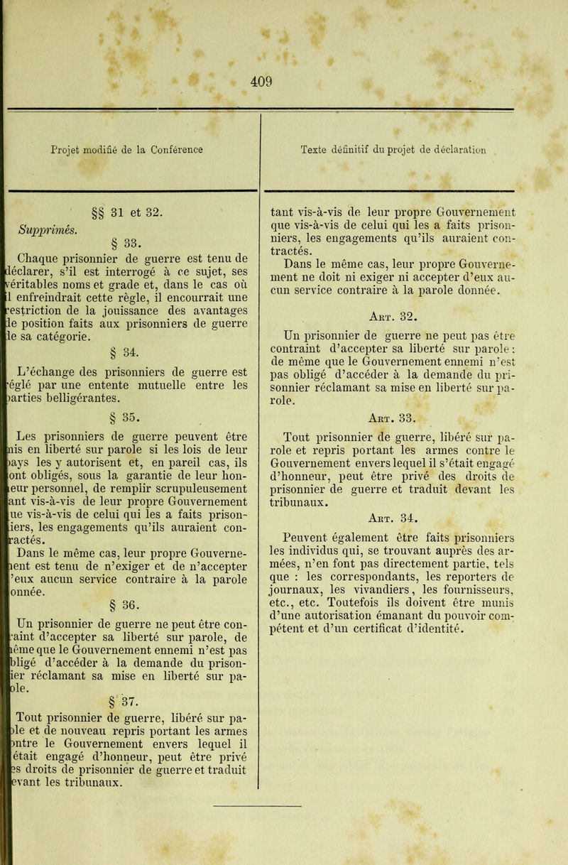 Projet modifié de la Conférence 31 et 32. Texte définitif du projet de déclaration Supprimés. § 33. Chaque prisonnier de guerre est tenu de déclarer, s’il est interrogé à ce sujet, ses v'éritables noms et grade et, dans le cas où 1 enfreindrait cette règle, il encourrait une 'estriction de la jouissance des avantages de position faits aux prisonniers de guerre le sa catégorie. § 34. L’échange des prisonniers de guerre est églé par une entente mutuelle entre les )arties belligérantes. § 35. Les prisonniers de guerre peuvent être nis en liberté sur parole si les lois de leur >ays les y autorisent et, en pareil cas, ils ont obligés, sous la garantie de leur hon- eur personnel, de remplir scrupuleusement ant vis-à-vis de leur propre Gouvernement ne vis-à-vis de celui qui les a faits prison- iers, les engagements qu’ils auraient con- ractés. Dans le même cas, leur propre Gouverne- lent est tenu de n’exiger et de n’accepter ’eux aucun service contraire à la parole onnée. § 36. Un prisonnier de guerre ne peut être con- :aint d’accepter sa liberté sur parole, de lêmeque le Gouvernement ennemi n’est pas bligé d’accéder à la demande du prison- ier réclamant sa mise en liberté sur pa- ole. § 37. Tout prisonnier de guerre, libéré sur pa- )le et de nouveau repris portant les armes mtre le Gouvernement envers lequel il était engagé d’honneur, peut être privé îs droits de prisonnier de guerre et traduit evant les tribunaux. tant vis-à-vis de leur propre Gouvernement que vis-à-vis de celui qui les a faits prison- niers, les engagements qu’ils auraient con- tractés. Dans le même cas, leur propre Gouverne- ment ne doit ni exiger ni accepter d’eux au- cun service contraire à la parole donnée. Art. 32. Un prisonnier de guerre ne peut pas être contraint d’accepter sa liberté sur parole ; de même que le Gouvernement ennemi n’est pas obligé d’accéder à la demande du pri- sonnier réclamant sa mise en liberté sur pa- role. Art. 33. Tout prisonnier de guerre, libéré sur pa- role et repris portant les armes contre le Gouvernement envers lequel il s’était engagé d’honneur, peut être privé des droits de prisonnier de guerre et traduit devant les tribunaux. Art. 34. Peuvent également être faits prisonniers les individus qui, se trouvant auprès des ar- mées, n’en font pas directement partie, tels que : les correspondants, les reporters de journaux, les vivandiers, les fournisseurs, etc., etc. Toutefois ils doivent être munis d’une autorisation émanant du pouvoir com- pétent et d’un certificat d’identité.