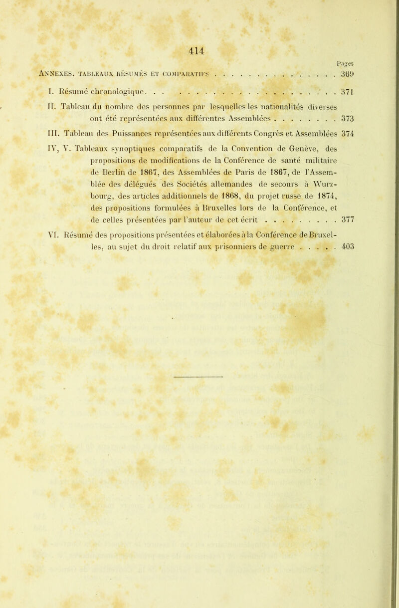 Piiges Annexes. TABLEAUX RÉSUMÉS ET COMPARATIFS 369 I. Résumé chronologique . 371 IL Tableau du nombre des personnes par lesquelles les nationalités diverses ont été représentées aux différentes Assemblées 373 III. Tableau des Puissances représeatées aux dilférents Congrès et Assemblées 374 IV, V. Tableaux synoptiques comparatifs de la Convention de Genève, des propositions de modifications de la Conférence de santé militaire de Berlin de 1867, des Assemblées de Paris de 1867, de l’Assem- blée des délégués des Sociétés allemandes de secours à Würz- bourg, des articles additionnels de 1868, du projet russe de 1874, des propositions formulées à Bruxelles lors de la Conférence, et de celles présentées par fauteur de cet écrit 377 VI. Résumé des propositions présentées et élaborées à la Conférence de Bruxel- les, au sujet du droit relatif aux prisonniers de guerre 403