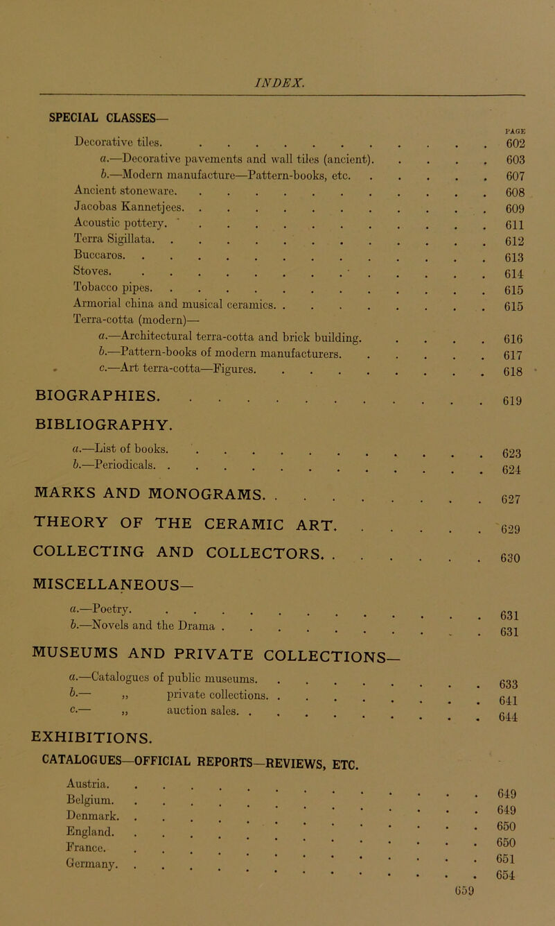 SPECIAL CLASSES— Decorative tiles. Cl.—Decorative pavements and wall tiles (ancient). h.—Modern manufacture—Pattern-books, etc. Ancient stoneware. Jacobas Kannetjees. Acoustic pottery. Terra Sigillata. . Buccaros. Stoves. Tobacco pipes. Armorial china and musical ceramics. Terra-cotta (modern)— Cl.—Architectural terra-cotta and brick building. —Pattern-books of modern manufacturers, c.—Art terra-cotta—Figures. BIOGRAPHIES, BIBLIOGRAPHY. a.—List of books. h.—Periodicals MARKS AND MONOGRAMS. . THEORY OF THE CERAMIC ART. COLLECTING AND COLLECTORS. . MISCELLANEOUS— a.—Poetry. h.—Novels and the Drama MUSEUMS AND PRIVATE COLLECTIONS— —Catalogues of public museums. .... — n private collections c-— „ auction sales EXHIBITIONS. CATALOGUES—OFFICIAL REPORTS—REVIEWS, ETC. Austria Belgium Denmark England France. Germany PAGE 602 603 607 608 609 611 612 613 6U 615 615 616 617 618 • 619 623 624 627 629 630 631 631 633 641 644 649 649 650 650 651 654