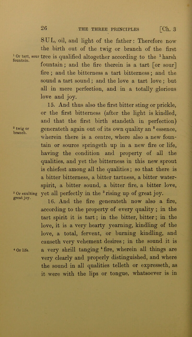 ^ Or tart, sour fountain. 2 twig or branch. ® Or exulting great joy. ■* Or life. SUL, oil, and light of the father: Therefore now the birth out of the twig or branch of the first tree is qualified altogether according to the ^ harsh fountain ; and the fire therein is a tart [or sour] fire ; and the bitterness a tart bitterness; and the sound a tart sound; and the love a tart love ; but all in mere perfection, and in a totally glorious love and joy. 15. And thus also the first bitter sting or prickle, or the first bitterness (after the light is kindled, and that the first birth standeth in perfection) generateth again out of its own quality an ^ essence, wherein there is a centre, where also a new foun- tain or source springeth up in a new fire or life, having the condition and property of all the qualities, and yet the bitterness in this new sprout is chiefest among all the qualities; so that there is a bitter bitterness, a bitter tartness, a bitter water- spirit, a bitter sound, a bitter fire, a bitter love, 5^et all perfectly in the ^rising up of great joy. 16. And the fire generateth now also a fire, according to the property of every quality ; in the tart spirit it is tart; in the bitter, bitter; in the love, it is a very hearty yearning, kindling of the love, a total, fervent, or burning kindling, and causeth very vehement desires; in the sound it is a very shrill tanging * fire, wherein all things are very clearly and properly distinguished, and where the sound in all qualities telleth or expresseth, as it were with the lips or tongue, whatsoever is in