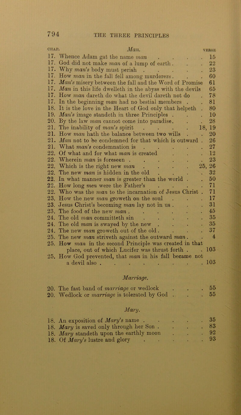 CHAP. Man. VERSE 17. Whence Adam gat the name man . . . .15 17. God did not make man of a lump of earth . . .22 17. Why man’s body must perish . . . . .23 17. How man in the fall fell among murderers . . .60 17. Mail’s misery between the fall and the Word of Promise 61 17. Man in this life dwelleth in the abyss with the devils 65 17. How man dareth do what the devil dareth not do .78 17. In the beginning man had no bestial members . .81 18. It is the love in the Heart of God only that helpeth . 80 19. Man’s image standeth in three Principles . . .10 20. By the law man cannot come into paradise. . . 28 21. The inability of man’s spirit . . . . 18, 19 21. How man hath the balance between two wills . . 20 21. Man not to be condemned for that which is outward . 26 21. What man’s condemnation is . . . . .27 22. Of what and for what man is created . . .12 22. Wherein man is foreseen ...... 23 22. Which is the right new man . . . . 25, 26 22. The new man is hidden in the old . . . .32 22. In what manner man is greater than the world . . 50 22. How long men were the Father’s . . . .71 22. Who was the man to the incarnation of Jesus Christ . 71 23. How the new man groweth on the soul . . .17 23, Jesus Christ’s becoming man lay not in us . . .31 23. The food of the new man ...... 45 24. The old man committeth sin . . . . .35 24. The old man is swayed by the new . . . .35 24. The new man groweth out of the old. . . .37 25. The new man striveth against the outward man . . 4 25. How man in the second Principle was created in that place, out of which Lucifer was thrust forth . .103 25. How God prevented, that man in his fall became not a devil also ........ 103 Mamage. 20. The fast band of marriage or wedlock 20. Wedlock or marriage is tolerated by God Mary. 18. An exposition of Mary’s name . 18. Mary is saved only through her Son . 18. Mary standeth upon the earthly moon 18. Of Mary’s lustre and glory 55 55 35 83 92 93