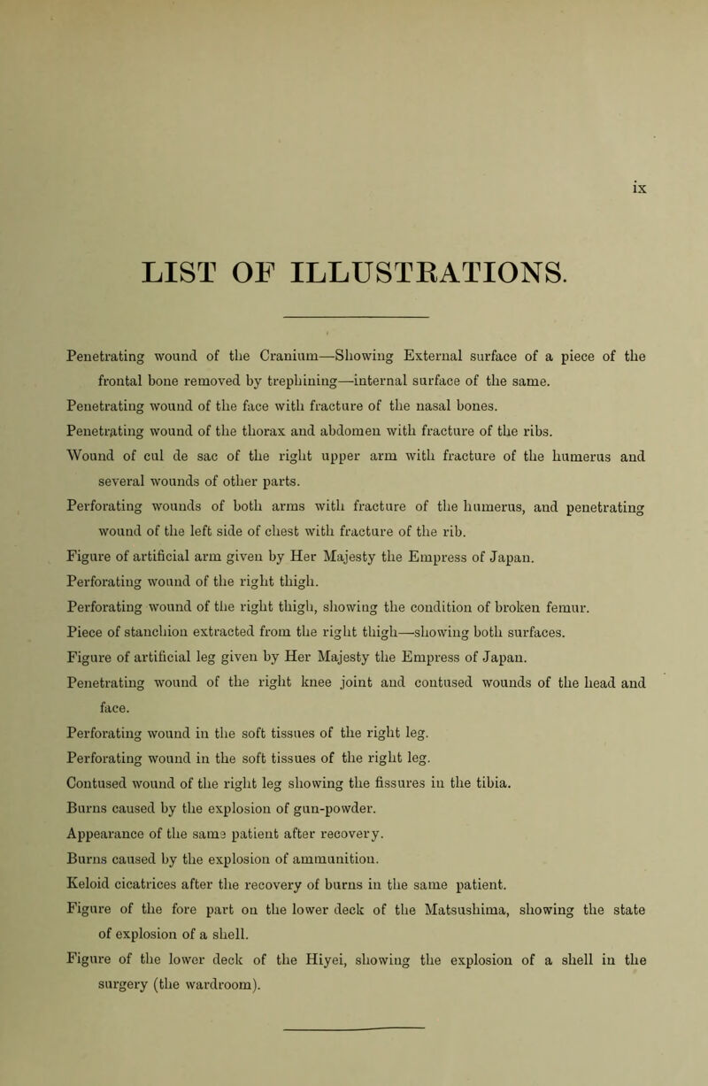 LIST OF ILLUSTRATIONS. Penetrating wound of the Cranium—Showing External surface of a piece of the frontal bone removed by trephining—internal surface of the same. Penetrating wound of the face with fracture of the nasal bones. Penetr^iting wound of the thorax and abdomen with fracture of the ribs. Wound of cul de sac of the right upper arm with fracture of the humerus and several wounds of other parts. Perforating wounds of both arms with fracture of the humerus, and penetrating wound of the left side of chest with fracture of the rib. Figure of artificial arm given by Her Majesty the Empress of Japan. Perforating wound of tlie right thigh. Perforating wound of the right thigh, showing the condition of broken femur. Piece of stanchion extracted from the right thigh—showing both surfaces. Figure of artificial leg given by Her Majesty the Empress of Japan. Penetrating wound of the right knee joint and contused wounds of the head and face. Perforating wound in the soft tissues of the right leg. Perforating wound in the soft tissues of the right leg. Contused wound of the right leg showing the fissures in the tibia. Burns caused by the explosion of gun-powder. Appearance of the same patient after recovery. Burns caused by the explosion of ammunition. Keloid cicatrices after the recovery of burns in the same patient. Figure of the fore part on the lower deck of the Matsushima, showing the state of explosion of a shell. Figure of the lower deck of the Hiyei, showing the explosion of a shell in the surgery (the wardroom).