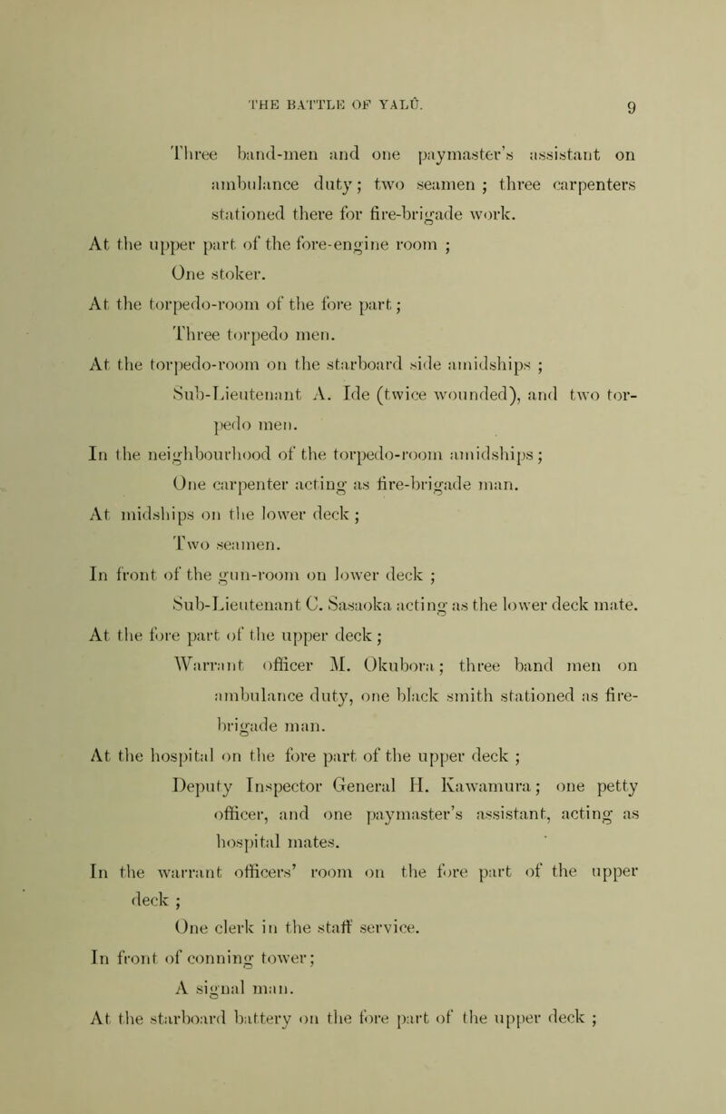 'riivee band-men and one paymaster’.s assistant on ambulance duty; two seamen; three carpenters stationed there for fire-bri<^ade work. At the upper part of the fore-engine room ; One stoker. At the torpedo-rooin of the fore part; Three torpedo men. At tlie torpedo-room on the starboard side amidships ; Sub-Lieutenant Ide (twice wounded), and two tor- ])edo jnen. In the neig’hbourliood of the torpedo-room amidships; One carpenter acting as tire-brigade man. At midships on the lower deck; 'fwo seamen. In front of the gun-room on lower deck ; Sub-Lieutenant C. Sasaoka acting as the lower deck mate. At the fore part of the upper deck; AVarrajit ofiicer M. Okubora; three band men on ambulance duty, one black smith stationed as fire- brigade man. At the hospital on the fore part of the upper deck ; Deputy Inspector General H. Kawamura; one petty officer, and one paymaster’s assistant, acting as hospital mates. In the warrant officers’ room on the fore part of the upper deck ; One clerk in the staff service. In front of conning tower; A signal man. At file starboard battery on the fore part of the upjjer deck ;