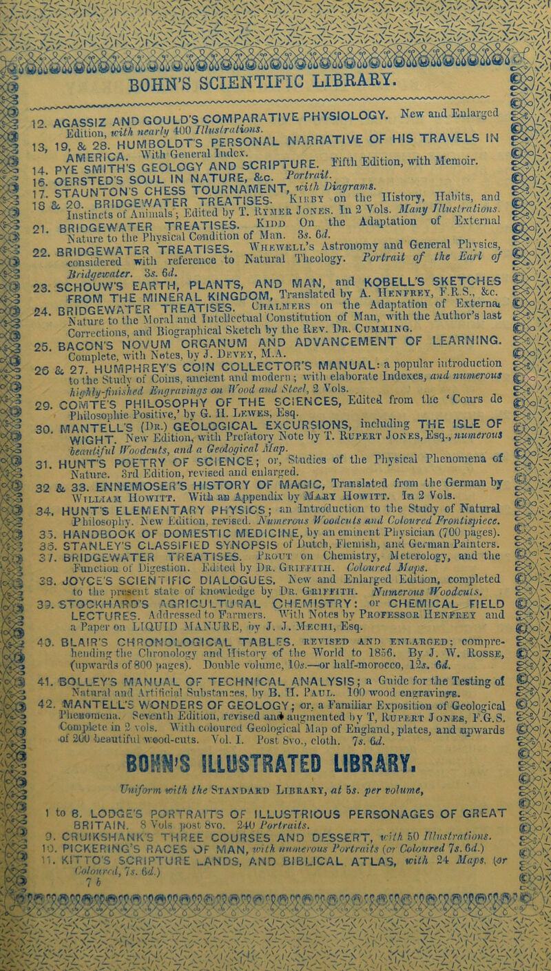 New and Eulav; AGASSIZ AND GOULD'S COMPARATIVE PHYSIOLOGY. , NARRATIVE OF HIS TRAVELS IN PYE^S^IITh's gSlOGY AN'rsCRIPTURE. Mil Mtio”. »!«> Memoir. ?-^?S]iT0lll°CHESS ^li^RSI'^ENTf^la OCX rf?IDGE'VATER TREATISES- Kthby on the History, TTahits, and Ii?s\inc?s hy T. Ktjikr Jixxes In 3 Vols Many JlhuMions. ~ n-T-i-r> TD c A T'lc cc IvTDn On the Adiiotation of E.'cternal BRIDGEWATER TREATISES. Kidd On the Nature to the Physical Condition of Man. 3s. &d. 22. Whkwisll’s Astronomy and General Physics, Natural Tlieology. Forlrait of the Earl of 24 25. BOHN’S ILLUSTRATED LIBRARY. Uniform with the Standard Library, at 5s. per volume. 9 BRIDGEWATER TREATISES. ■considered with reference to 23 S^Ho1jW's\aR^ PLANTS, AND MAN, and KOBELL’S SKETCHES FROM THE MIN Translated by A. IIf.nfrky, KILS &c. BRIDGEWATER TREATISES. Chalmkrs on the Adaptation of E.vternai Niiti^e to the Moral and Intellectual Constitution of Man, with the Author s last Corrections, and Biographical Sketch by the Rev. Dr. Cumming. BACON'S NOVUM ORGANUM AND ADVANCEMENT OF LEARNING. Complete, with Notes, hy J. Deyky, M.A. 26 27 HUMPHREYS COIN COLLECTOR'S MANUAL: a popular introduction to the Study of Coins, ancient and modern ; with elaborate Indexes, and 7mm.erous hUihMlnlshed Engravmys on Wood and Steel, it \o\^. „ . , 29. COMTES PHILOSOPHY OF THE SCIENCES, Edited from the ‘ Cours de Philosophic Positive,’ by G. II. Leaves, Esq. . , 30 MANTELLS (Dr.) GEOLOGICAL EXCURSIONS, including THE ISLE OF WIGHT. New Edition, with Prefatory Note by T. Rupert Jokes,Esq., numerous heemUfui Woodcuts, and a Geological Map. ^ 31 HUNT'S POETRY OF SCIENCE; or. Studies of the Pliysicai Phenomena of Nature. 3rd Edition, revised and enlarged. 32 &. 33. ENNEMOSER'S HISTORY OF MAGIC, Translated from the German by WiLDiAM IIOAVITT. Witii an Appendix by Mary Howitt. la 2 Vols. 34. HUNT'S ELEMENTARY PHYSICS; «n Introduction to the Study of Natural philosophy. New Edition, revised. E'nmerous Woodcuts and Coloured Frontiqnece. 33. HANDBOO’k OF DOMESTIC MEDICINE, hy an eminent Physician (700 pages). 33. STANLEY'S CLASSIFIED SYNOPSIS of Dutch, Flemish, and German Painters. 3/. BRIDGEWATER TREATISES. Prout on Chemistry, Meterology, and the Funcliou of Digestion. F.diteil hy Dii. Guie.fith. Coloured Maps. 23. JOYCE'S SCIENTIFIC DIALOGUES. New and Enlarged Edition, completed to tlie present state of knowledge by Da. Griffith. Numerous Woodc7ils, 39. STOCKHARO'S AGRICULTURAL CHEMISTRY: or CHEMICAL FIELD lectures. Addressed to Fanners. AVjtli Notes by Professor IIenRrey and a Paper on LIQUID MANURE, by J. J. AIeciii, Esq. 43. BLAIR'S CHRONOLOGICAL TABLES, revised and ent.arged; compre- hending tlie Chronology and History of the W^orld to 18.76. By J. W. llossE, (upwards of 800 pages). Double volume, lOs.—or half-morocco, 12j. &d. 41. BOLLEY'S MANUAL OF TECHNICAL ANALYSIS; a Guide for the Testing of Natural and .Vrtidcial Substances, hy B. IT. Paul. 100 wood engravings. 42. MANTELL'S V/ONDERS OF GEOLOGY; or, a Familiar Exposition of Geological PheHomena. Seventh Edition, revised an* augmented hy T, Rupert Jones, F.G.S. Complete in 2 vols. M itli coloured Geological Map of England, plates, and upwards •of 200 Ijeautiful wood-cuts. Vol. I. Post 8vo., doth. 7s. (id. to 8. LODGE'S PORTRAITS OF ILLUSTRIOUS PERSONAGES OF GREAT BRITAIN. 8 VuLs post 8vo. Cor traits. CRUIKSHANK'S THREE COURSES AND DESSERT, vitk 50 Illustrations. 10. PICKERING’S RACES OF W\AN, wUh nnmerous Portraits (o? Coloured 7s. Gd.) KirrO'S SCRIPTURE U.ANDS, AND BIBLICAL ATLAS, v^ith 24 Maps, [or Coloured, 7.1. Gd.) 7h