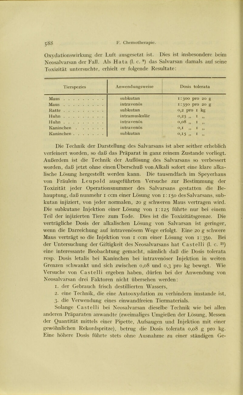 Oxydationswirkung der Luft ausgesetzt ist. Dies ist insbesondere beim Neosalvarsan der Fall. Als Hata (1. c. 9) das Salvarsan damals auf seine Toxizität untersuchte, erhielt er folgende Resultate: Tierspezies Anwendungsweise Dosis tolerata Maus subkutan i:300 pro 20 g Maus intravenös 1:350 pro 20 g Ratte subkutan 0,2 pro 1 kg Huhn intramuskulär ,, 1 ,, Huhn intravenös °,°8 „ 1 „ Kaninchen intravenös J> * >) Kaninchen subkutan o,X5 „ 1 „ Die Technik der Darstellung des Salvarsans ist aber seither erheblich verfeinert worden, so daß das Präparat in ganz reinem Zustande vorliegt. Außerdem ist die Technik der Auflösung des Salvarsans so verbessert worden, daß jetzt ohne einen Überschuß vonAlkali sofort eine klare alka- lische Lösung hergestellt werden kann. Die tausendfach im Speyerhaus von Fräulein Leupold ausgeführten Versuche zur Bestimmung der Toxizität jeder Operationsnummer des Salvarsans gestatten die Be- hauptung, daß nunmehr i ccm einer Lösung von i: 150 des Salvarsans, sub- kutan injiziert, von jeder normalen, 20 g schweren Maus vertragen wird. Die subkutane Injektion einer Lösung von 1:125 führte nur bei einem Teil der injizierten Tiere zum Tode. Dies ist die Toxizitätsgrenze. Die verträgliche Dosis der alkalischen Lösung von Salvarsan ist geringer, wenn die Darreichung auf intravenösem Wege erfolgt. Eine 20 g schwere Maus verträgt so die Injektion von 1 ccm einer Lösung von 1:350. Bei der Untersuchung der Giftigkeit des Neosalvarsans hat Castelli (1. c. 21) eine interessante Beobachtung gemacht, nämlich daß die Dosis tolerata resp. Dosis letalis bei Kaninchen bei intravenöser Injektion in weiten Grenzen schwankt und sich zwischen 0,08 und 0,3 pro kg bewegt. Wie Versuche von Castelli ergeben haben, dürfen bei der Anwendung von Neosalvarsan drei Faktoren nicht übersehen werden: 1. der Gebrauch frisch destillierten Wassers, 2. eine Technik, die eine Autooxydation zu verhindern imstande ist, 3. die Verwendung eines einwandfreien Tiermaterials. Solange Castelli bei Neosalvarsan dieselbe Technik wie bei allen anderen Präparaten anwandte (zweimaliges Umgießen der Lösung, Messen der Quantität mittels einer Pipette, Aufsaugen und Injektion mit einer gewöhnlichen Rekordspritze), betrug die Dosis tolerata 0,08 g pro kg. Eine höhere Dosis führte stets ohne Ausnahme zu einer ständigen Ge-