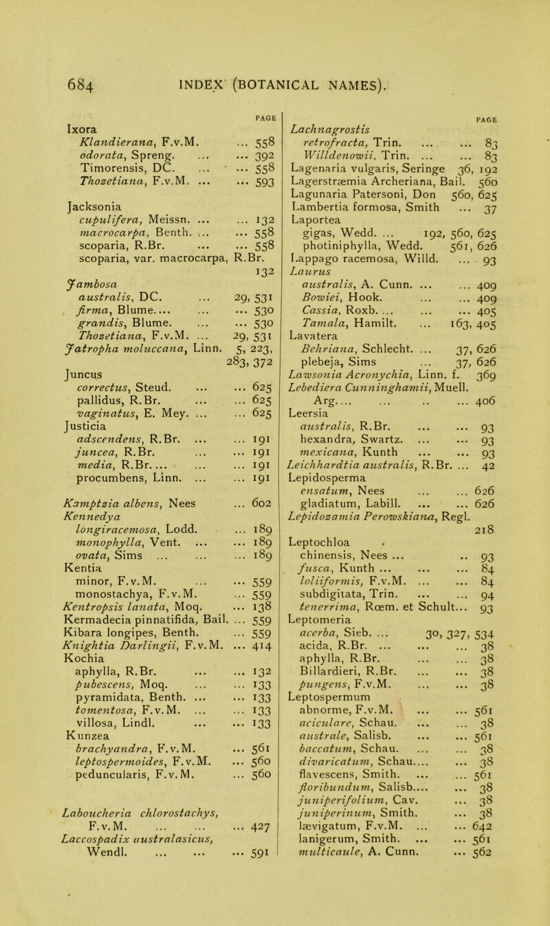 Ixora PAGE Klandierana, F.v.M. - 558 odorata, Spreng. ... 392 Timorensis, DC. ••• 558 Thozetiana, F.v.M. ... ••• 593 Jacksonia cupulifera, Meissn. ... ... 132 niacrocarpa, Benth. ... ••• 558 scoparia, R.Br. ••• 558 scoparia, var. macrocarpa R.Br. 132 Jambosa australis, DC. 29. 531 , firma, Blume.... — 530 grandis, Blume. ••• 530 Thozetiana, F.v.M. ... 29. 531 Jatropha moluccana, Linn. 5. 223, Juncus 283, 372 correctus, Steud. ... 625 pallidus, R.Br. ... 625 vaginatits, E. Mey. ... Justicia ... 625 adscendens, R.Br. ... 191 juncea, R.Br. ... 191 media, R.Br.... ... 191 procumbens, Linn. ... 191 Kamptzia albens, Nees Kennedya ... 602 longiracemosa, Lodd. monophylla, Vent. ovata, Sims ... 189 ... 189 ... 189 Kentia minor, F.v. M. ••• 559 monostachya, F.v.M. 559 Kentropsis lanata, Moq. ... 138 Kermadecia pinnatifida, Bail ••• 559 Kibara longipes, Benth. 559 Knightia Darlingii, F.v.M. Kochia ... 414 aphylla, R.Br. ... 132 pubescens, Moq. • •• 133 pyramidata, Benth. ... ••• 133 tornentosa, F.v.M. ■ 133 villosa, Lindl. Kunzea ••• 133 brachyandra, F.v.M. ... 561 leptospermoides, F.v.M. ... 560 peduncularis, F.v.M. ... 560 Laboucheria chlorostachys, F.v.M ... 427 Laccospadix australasicus, Wendl. ... 591 Lack n agrost is retrofracta, Trin. Willdeno'wii, Trin. ... Lagenaria vulgaris, Seringe 36, Lagerstrsemia Archeriana, Bail. Lagunaria Patersoni, Don 560, Lambertia formosa, Smith Laportea gigas, Wedd. ... 192, 560, photiniphylla, Wedd. 561, Lappago racemosa, Willd. Laiirus australis, A. Cunn. ... Bowiei, Hook. Cassia, Roxb. ... Tamala, Hamilt. ... 163, Lavatera Behriana, Schlecht. ... 37, plebeja, Sims ... 37, Lawsonia Acronychia, Linn. f. Lebediera Cunninghamii, Muell. Arg Leersia australis, R.Br. hexandra, Swartz. mexicana, Kunth Leichhardtia australis, R.Br. ... Lepidosperma ensatum, Nees gladiatum, Labill. Lepidozamia Perowskiana, Regl. PAGE Leptochloa chinensis, Nees ... fusca, Kunth ... loliiformis, F.v.M. subdigiiata, Trin. tenerrima, Roem. et Leptomeria acerba, Sieb. ... acida, R.Br. ... aphylla, R.Br. Billardieri, R.Br. pungens, F.v.M. Leptospermum abnorme, F.v.M. acictdnre, Schau. australe, Salisb. baccatum, Schau. divaricatum, Schau. flavescens, Smith. floribundum, Salisb. juniperi/olium, Cav. juniperinuvt. Smith. Isevigatum, F.v.M. lanigerum, Smith. midticaule, A. Cunn, Schult... 83 83 192 560 625 37 625 626 93 409 409 405 405 626 626 369 406 93 93 93 42 626 626 218 93 84 84 94 93 30, 327, 534 38 38 38 38 .. ... s;6i 38 561 38 38 561 38 ... 38 ... 38 642 > • ... 3^ ^ ... 562