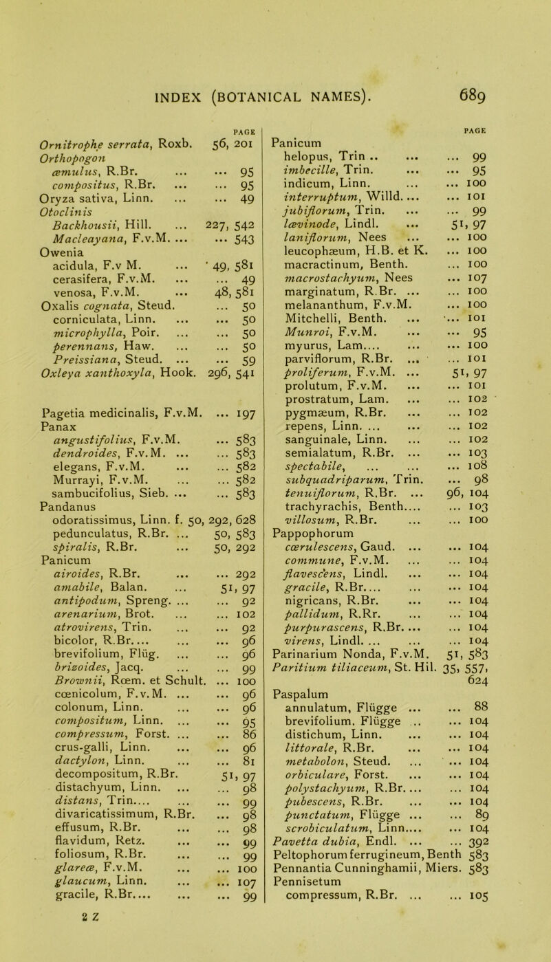 PAGE Ornitrophe serrata^ Roxb. 56, 201 Orthopogon csmuluSy R.Br. ... ... 95 compositus, R.Br. ... ... 95 Oryza sativa, Linn. ... ... 49 Otoclinis Backhousii, Hill. ... 227, 542 Macleayana, F.v.M. ... ... 543 Owenia acidula, F.v M. ... ’ 49, 581 cerasifera, F.v.M. ... ... 49 venosa, F.v.M. ... 48,581 Oxalis cognata, Steud. ... 50 corniculata, Linn. ... ... 50 microphylla, Poir. ... ... 50 perennans, Haw. ... ... 50 Preissiana, Steud. ... ... 59 Oxleya xanthoxyla, Hook. 296, 541 Pagetia medicinalis, F.v.M. ... 197 Panax angustifolius, F.v.M. ... 583 dendroides, F.v.M. ... ... 583 elegans, F.v.M. ... ... 582 Murrayi, F.v.M. ... ... 582 sambucifolius, Sieb. ... ... 583 Pandanus odoratissimus, Linn. f. 50, 292, 628 pedunculatus, R.Br. ... 50. 583 spiralis^ R.Br. ... 50, 292 Panicum airoides, R.Br. ... ... 292 amabile, Balan. ... 97 antipodiim^ Spreng. ... ... 92 arenarium, Brot. ... ... 102 atrovirens, Trin. ... ... 92 bicolor, R.Br.... ... ... 96 brevifolium, Fliig. ... ... 96 brizoides, Jacq. ... ... 99 Brownii, Roem. et Schult. ... 100 coenicolum, F.v.M. ... ... 96 colonum, Linn. ... ... 96 compositiim, Linn. ... ... 95 compressum^ Forst. ... ... 86 crus-galli, Linn. ... ... 96 dactylon, Linn. ... ... 81 decompositum, R.Br. 51, 97 distachyum, Linn. ... ... 98 distans, Trin ... ... 99 divaricatissimum, R.Br. ... 98 effusum, R.Br. ... ... 98 flavidum, Retz. ... ... 99 foliosum, R.Br. ... ... 99 glarecB, F.v.M. 100 glaucum, Linn. ... ... 107 gracile, R.Br 99 Panicum PAGE helopus, Trin .. ... 99 imbecilley Trin. ••• 95 indicum, Linn. ... 100 interruptum, Willd. ... ... lOI jubifloruvt, Trin. ... 99 Icevinode, Lindl. 5L 97 lanifloriim, Nees ... 100 leucophseum, H.B. et K. ... 100 macractinum, Benth. ... 100 macrostachyum, Nees ... 107 marginatum, R.Br. ... ... 100 melananthum, F.v.M. ... 100 Mitchelli, Benth. ... lOI Munroi, F.v.M. ••• 95 myurus, Lam.... ... 100 parviflorum, R.Br. ... lOI proliferum, F.v.M. ... 5L 97 prolutum, F.v.M. ... lOI prostratum, Lam. ... 102 pygmaeum, R.Br. ... 102 repens, Linn. ... ... 102 sanguinale, Linn. ... 102 semialatum, R.Br. ... 103 spectabile, ... 108 subquadriparum, Trin. ... 98 tenuiflorum, R.Br. 96, 104 trachyrachis, Benth.... ... 103 villosum, R.Br. ... 100 Pappophorum ccBrulescens,GdM6.. ... 104 commune, F.v.M. ... 104 flavescens, Lindl. ... 104 gracile, R.Br.... ... 104 nigricans, R.Br. ... 104 pallidum, R.Rr. ... 104 purpurascens, R.Br. ... ... 104 virens, Lindl. ... ... 104 Parinarium Nonda, F.v.M. 5L 583 Paritium tiliaceum, St. Hil. 35> 557> 624 Paspalum annulatum, Fliigge ... ... 88 brevifolium. Fliigge .. ... 104 distichum, Linn. ... 104 littorale, R.Br. ... 104 metabolon, Steud. ... 104 orbiculare, Forst. ... 104 polystachyum, R.Br.... ... 104 pubescens, R.Br. ... 104 punctatum, Fliigge ... ... 89 scrobiculatum, Linn.... ... 104 Pavetta dubia, Endl. ... ... 392 Peltophorumferrugineum, Benth 583 Pennantia Cunninghamii, Miers. 583 Pennisetum compressum, R.Br. ... 0 Or