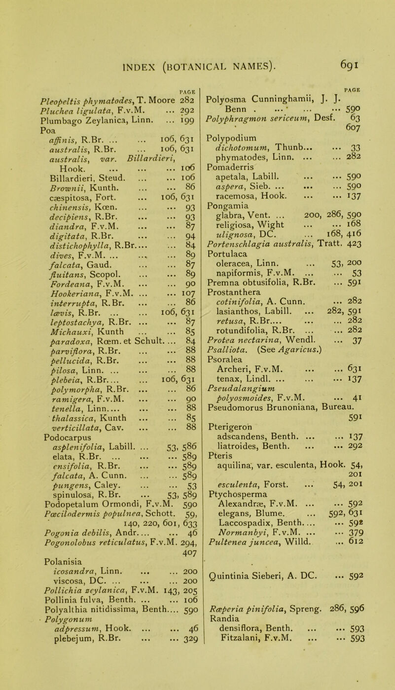 PAGE Pleopeltis phy matodes .Moore 282 Pluchea ligulata^ F.v.M. ... 292 Plumbago Zeylanica, Linn. ... 199 Poa affinis, R.Br 106, 631 australis, R.Br. ... 106, 631 australis, var. Billardieri, Hook. ... ... ... 106 Billardieri, Steud. ... ... 106 Brownii, Kunth. ... ... 86 csespitosa, Fort. ... 106, 631 chinensis, Keen. ... ... 93 decipiens, R.Br. ... ... 93 diandra, F.v.M. ... ... 87 digitata, R.Br. ... ... 94 distichophylla,^.^r.... ... 84 dives, F.v.M. ... .., ... 89 falcata. Gaud. ... ... 87 fluitans, Scopol. ... ... 89 Fordeana, F.v.M. ... ... 9° Hookeriana, F.v.M. ... ... 107 hiterriipta, R.Br. ... ... 86 IcBvis, R.Br 106, 631 leptostachya, R.Br. ... ... 87 Michauxi, Kunth ... ... 85 paradoxa, Roem. et Schult. ... 84 parviflora, R.Br. ... ... 88 pellucida, R.Br. ... ... 88 pilosa, Linn. ... ... ... 88 pleheia, R.Br 106, 631 polymorpha, R.Br. ... ... 86 ramigera, F.v.M. ... ... 9® tenella, Linn.... ... ... 88 thalassica, }^\ir\t\\ ... ... 85 verticillata, Cav. ... ... 88 Podocarpus asplenifolia, Labill. ... 53' 5^6 elata, R.Br. ... ... ... 5^9 ensifolia, R.Br. ... ... 5^9 falcata, A. Cunn. ... ... 589 pungens, Caley. ... ... 53 spinulosa, R.Br. ... 53, 589 Podopetalum Ormondi, F.v.M. 590 Poecilodermis populnea, Schott. 59< 140,220,601,633 Pogonia debilis, hndiX.... ... 46 Pogonolobus reticulatus, F.v.M. 294, 407 Polanisia icosandra, Linn. ... ... 200 viscosa, DC. ... ... ... 200 Pollichia zeylanica, F.v.M. 143, 205 Pollinia fulva, Benth. ... ... 106 Polyalthia nitidissima, Benth.... 590 Polygonum adpressuni. Hook. ... ... 46 plebejum, R.Br. ... ... 329 PAGE Polyosma Cunninghamii, J. J. Benn . ... ' ... ••• 59® Polyphragmon sericeum, Desf. 63 607 Polypodium dichotomum, Thunb... ... 33 phymatodes, Linn. ... ... 282 Pomaderris apetala, Labill. ... ••• 59*^ aspera, Sieb. ... ... ... 59° racemosa. Hook. ... ... 137 Pongamia glabra, Vent. ... 200, 286,590 religiosa, Wight ... ••• 168 ulignosa, DC. ... 168, 416 Portenschlagia atistralis, Tratt. 423 Portulaca oleracea, Linn. ... 53» 200 napiformis, F.v.M. ... ... 53 Premna obtusifolia, R.Br. ... 59^ Prostanthera cotinifolia, A. Cunn. ... 282 lasianthos, Labill. ... 282, 591 retusa, R.Br ... ... 282 rotundifolia, R.Br. ... ... 282 Protea nectarina, Wendl. ... 37 Psalliota. (See Agaricus.) Psoralea Archeri, F.v.M. ... ... 631 tenax, Lindl. ... ... ... I37 Pseudalangium polyosmoides, F.v.M. ... 41 Pseudomorus Brunoniana, Bureau. 591 Pterigeroh adscandens, Benth. ... ... 137 liatroides, Benth. ... ... 292 Pteris aquilina’, var. esculenta. Hook. 54, 201 esculenta, Forst. ... 54> 201 Ptychosperma Alexandra:, F.v.M. ... ... 59^ elegans, Blume. ... 592» 631 Laccospadix, Benth.... ... 59* Normanbyi, F.v.M. ... ... 379 Pultenea juncea,yN\\M. ... 612 Quintinia Sieberi, A. DC. 592 Rceperia pinifolia, Spreng. 286, 59^ Randia densiflora, Benth. ... ... 593 Fitzalani, F.v.M. ... ... 593