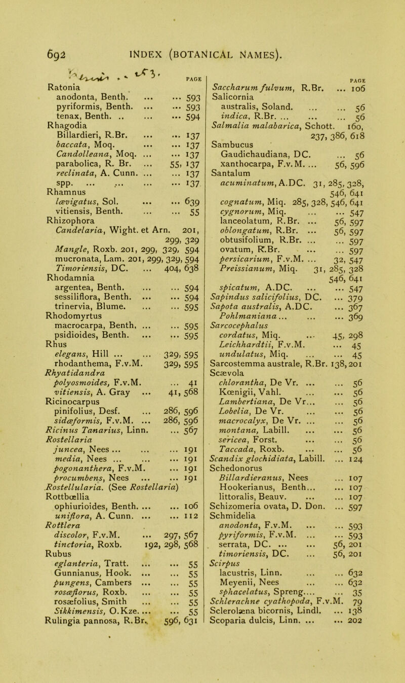 PAGE Ratonia anodonta, Benth. ••• 593 pyriformis, Benth. — 593 tenax, Benth. .. — 594 Rhagodia Billardieri, R.Br. - 137 baccata, Moq. ••• 137 Candolleana, Moq. ... ••• 137 parabolica, R. Br. 55. 137 reclinata, A. Cunn. ... ••• 137 ••• .*** *** ••• 137 Rhamnus Icevigatus, Sol. ... 639 vitiensis, Benth. ... 55 Rhizophora Candelaria, ei P\.rn. 201, 299, 329 Mangle, Roxb. 201, 299, 329. 594 mucronata, Lam. 201, 299, 329, 594 Timoriensis, DC. 404, 638 Rhodamnia argentea, Benth. • 594 sessiliflora, Benth. ••• 594 trinervia, Blume. ••• 595 Rhodomyrtus macrocarpa, Benth, ... ••• 595 psidioides, Benth. ••• 595 Rhus elegans. Hill ... 329. 595 rhodanthema, F.v.M. 329. 595 Rhyatidandra polyosmoides, F.v.M. ... 41 vitiensis, A. Gray 41, 568 Ricinocarpus pinifolius, Desf. 286, 596 sidceformis, F.v.M. ... 286, 596 Ricinus Tanarius, Linn. ... 567 Rostellaria juncea, Nees ... ... 191 media, Nees ... ... 191 pogonanthera, F.v.M. ... 191 procumbens, Nees ... 191 Rostellularia. (See Rostellaria) Rottboellia ophiurioides, Benth. ... ... 106 uniflora, A. Cunn. ... ... 112 Rotllera discolor, F.v.M. 297i 567 tinctoria, Roxb. 192, 298, 568 Rubus eglanteria, Tratt. ••• 55 Gunnianus, Hook. 55 pungens, Cambers ... ••• 55 rosceflorus, Roxb. • •• 55 rosaefolius, Smith ... 55 Sikkimensis, O.Kze. ... -. 55 PAGE Saccharumfulvum, R.Br. ... io6 Salicornia australis, Soland. ... ... 56 indica, R.Br, ... ... ... 56 Salmalia malabarica^ Schott. 160, 237> 386, 618 Sambucus Gaudlchaudlana, DC. ... 56 xanthocarpa, F.v.M. ... 56, 596 Santalum acuminatum^ A.DC. 31,285,328, 546, 641 cognatum^ Miq. 285, 328, 546, 641 cygnorum, Miq. ... ... 547 lanceolatum, R.Br. ... 56, 597 ohlongatumy R.Br. ... 56, 597 obtusifolium, R.Br. ... ... 597 ovatum, R.Br. ... ... 597 persicarium, F.v.M. ... 32, 547 Preissianum^ Miq. 31, 285, 328 546, 641 spicatum, A.DC. ... ... 547 Sapindus salicifolius, DC. ... 379 Sapota australis, A.DC. ... 367 Pohlmaniana ... ... ... 369 Sarcocephalus cordatus, Miq. ... 45, 298 Leichhardtii, F.v.M. ... 45 undulatus, Miq 45 Sarcostemma australe, R.Br. 138,201 Scaevola chlorantha,V^Q.Vx. ... ... 56 Koenigii, Vahl. ... ... 56 Lambertiana, De Vr... ... 56 Lobelia, De Vr. ... ... 56 macrocalyx, De Vr. ... ... 56 montana, Labill. ... ... 56 se'ricea, Forst. ... ... 56 Taccada, Roxb. ... ... 56 Scandix glochidiata,\^dth\\\. ... 124 Schedonorus Billardieranus, Nees ... 107 Hookerianus, Benth... ... 107 littoralis, Beauv. ... ... 107 Schizomeria ovata, D. Don. ... 597 Schmidelia anodonta, F.v.M. ... ... 593 pyriformis, F.v.M, ... ... 593 serrata, DC. ... ... 56, 201 timoriensis, DC. ... 56, 201 Scirpus lacustris, Linn. ... ... 632 Meyenii, Nees ... ... 632 sphacelatus, Spreng.... ... 35 Schlerachne cyathopoda, F.v.M. 79 Sclerolsena bicornis, Lindl. ... 138