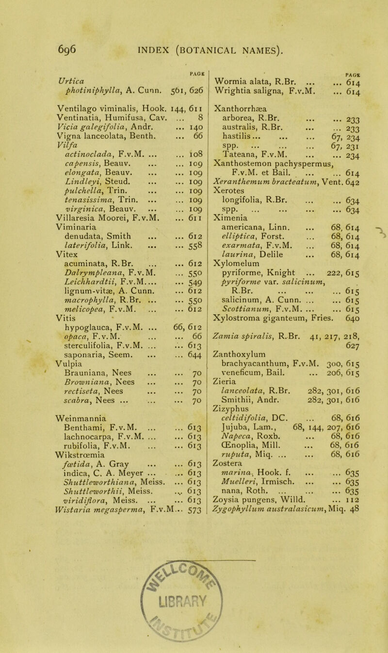 Urtica photiniphylla^ A. Cunn, PAGE 561, 626 Wormia alata, R.Br. Wrightia saligna, F.v.M. PAGE ... 614 ... 614 Ventilago viminalis. Hook. 144, 611 Ventinatia, Humifusa, Cav. ... 8 Vida galegifolia, Andr. ... 140 V'igna lanceolata, Benth. ... 66 Vilfa actinoclada, F.v.M. ... ... 108 capensis, Beauv. ... 109 elongata, Beauv. ... 109 Lindleyi, Steud. ... 109 pulchella, Trin. ... 109 tenasissima, Trin. ... 109 virginica, Beauv. ... 109 Villaresia Moorei, F.v.M. ... 611 Viminaria denudata. Smith ... 612 laterifolia, Link. ••• 558 Vitex acuminata, R.Br. ... 612 Dalrympleana, F.v.M. ••• 550 Leichhardtii, F.v.M.... ••• 549 lignum-vitae, A. Cunn. ... 612 macrophylla, R.Br. ... ••• 550 melicopea, F.v.M. ... 612 Vitis hypoglauca, F.v.M. ... 66, 612 opaca, F.v. M. ... 66 sterculifolia, F.v.M. ... ... 613 saponaria, Seem. ... 644 Vulpia Brauniana, Nees ... 70 Browniana, Nees ... 70 rectiseta, Nees ... 70 scabra, Nees ... ... 70 Weinmannia Benthami, F.v.M, ... 613 lachnocarpa, F.v.M. ... ... 613 rubifolia, F.v.M. ... 613 Wikstroemia fcetida, A. Gray ... 613 indica, C. A. Meyer ... ... 613 Shuttlenwrthiana, Meiss. ... 613 Shiittleworthii, Meiss. .... 613 viridiflora, Meiss. ... 613 Wistaria megaspernia, r.v.M... 573 ••• 233 ... 233 67. 234 67, 231 234 Xanthorrhffia arborea, R.Br. australis, R.Br. hastilis... spp. Tateana, F.v.M. Xanthostemon pachyspermus, F.v.M. et Bail. ... ... 614 Xeranthemum bracteatuniy Vent. 642 Xerotes longifolia, R.Br. spp, Ximenia americana, Linn. elliptica^ Forst. exarmata, F.v.M. laitrina, Delile Xylomelum pyriforme, Knight pyriforme var. salicinum^ R.Br. salicinum, A. Cunn. ... Scottianum, F.v.M. ... Xylostroma giganteum, Fries. ... 634 ... 634 68, 614 68, 614 68, 614 68, 614 222, 615 615 615 615 640 Zamia spiralis, R. Br. 41, 217, 218, 627 Zanthoxylum brachyacanthum, F.v.M. 300, 615 veneficum. Bail. Zieria lanceolata, R.Br. Smithii, Andr. Zizyphus celtidifolia, DC. Jujuba, Lam., Napeca, Roxb. CEnoplia, Mill. ruputa, Miq. ... Zostera marina.. Hook. f. Muelleri, Irmisch. nana, Roth. Zoysia pungens, Willd. 206, 615 282, 301, 616 282, 301, 616 68, 616 68, 144, 207, 616 68, 616 68, 616 68, 616 635 635 635 112 Zygophyllum australasiciim^^'\(\. 48