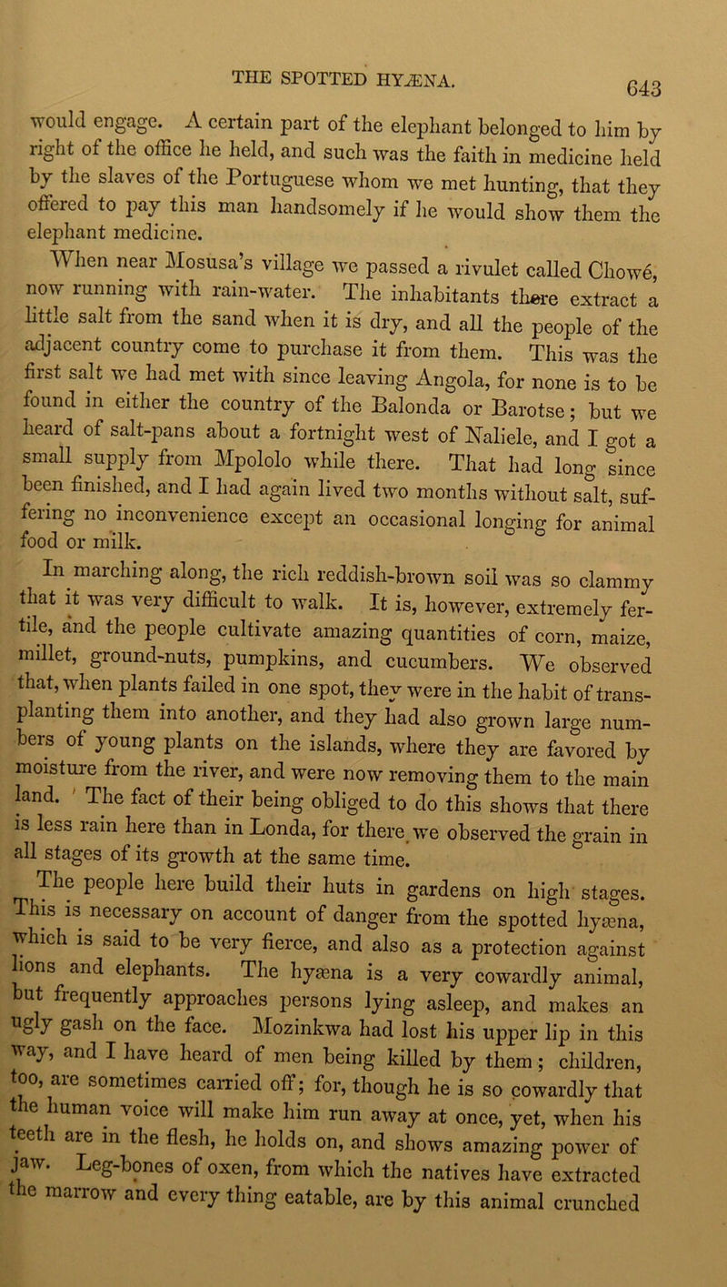 THE SPOTTED HYiENA. 643 would engage. A certain part of the elephant belonged to him by right of the office he held, and such was the faith in medicine held by the slaves of the Portuguese whom we met hunting, that they offered to jmy this man handsomely if he would show them the elephant medicine. T\ hen near Mosusa s village we passed a rivulet called Chowe, now running with rain-water. The inhabitants there extract a little salt from the sand when it is dry, and all the people of the adjacent country come to purchase it from them. This -was the first salt we had met with since leaving Angola, for none is to be found in either the country of the Balonda or Barotse; but we heard of salt-pans about a fortnight west of Naliele, and I got a small supply from Mpololo while there. That had long since been finished, and I had again lived two months without salt, suf- fering no inconvenience except an occasional longing for animal food or milk. In marching along, the rich reddish-brown soil was so clammy that it was very difficult to walk. It is, however, extremely fer- tde, and the people cultivate amazing quantities of corn, maize, millet, ground-nuts, pumpkins, and cucumbers. We observed that, when plants failed in one spot, they were in the habit of trans- planting them into another, and they had also grown large num- bers of young plants on the islands, where they are favored by moisture from the river, and were now removing them to the main land. The fact of their being obliged to do this shows that there is less rain here than in Londa, for there, we observed the grain in all stages of its growth at the same time. The people here build their huts in gardens on high stages. This is necessary on account of danger from the spotted hysena, which is said to be very fierce, and also as a protection against lions and elephants. The hyama is a very cowardly animal, but frequently approaches persons lying asleep, and makes an US 7 gasb on the face. Mozinkwa had lost his upper lip in this way, and I have heard of men being killed by them; children, too, are sometimes carried off; for, though he is so cowardly that the human voice will make him run away at once, yet, when his teeth are m the flesh, he holds on, and shows amazing power of jaw. Leg-bones of oxen, from which the natives have extracted the marrow and every thing eatable, are by this animal crunched