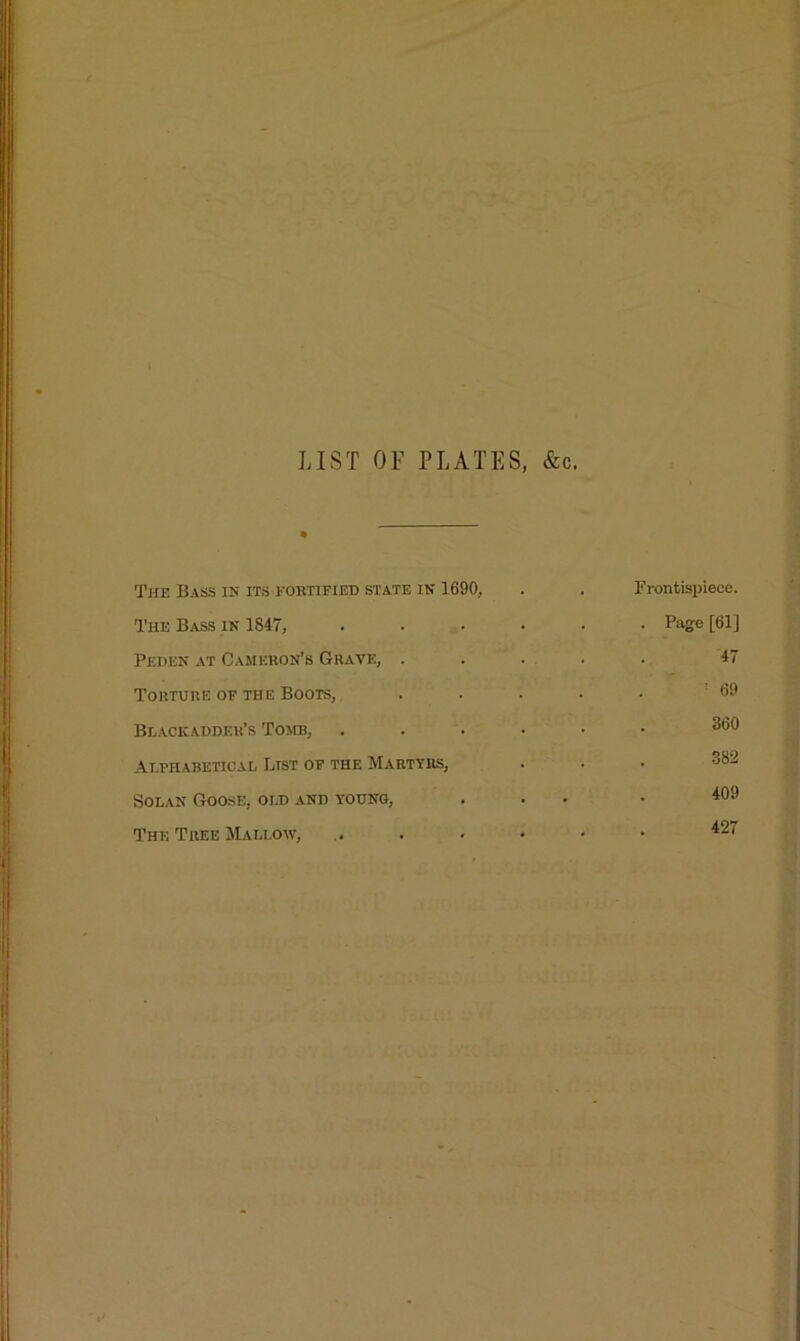 LIST OF FLAXES, &c. The Bass in its fortified state in 1690, . . Frontispiece. The Bass in 1847, Page [61] Peden at Cameron’s Grave, ..... 47 Torture of the Boots, . . . • • '69 Blacicadder’s Tomb, ...••• Alphabetical List of the Martyrs, ... 382 Solan Goose, old and young, ... . 409 The Tree Mallow, .. . • • • • ^27