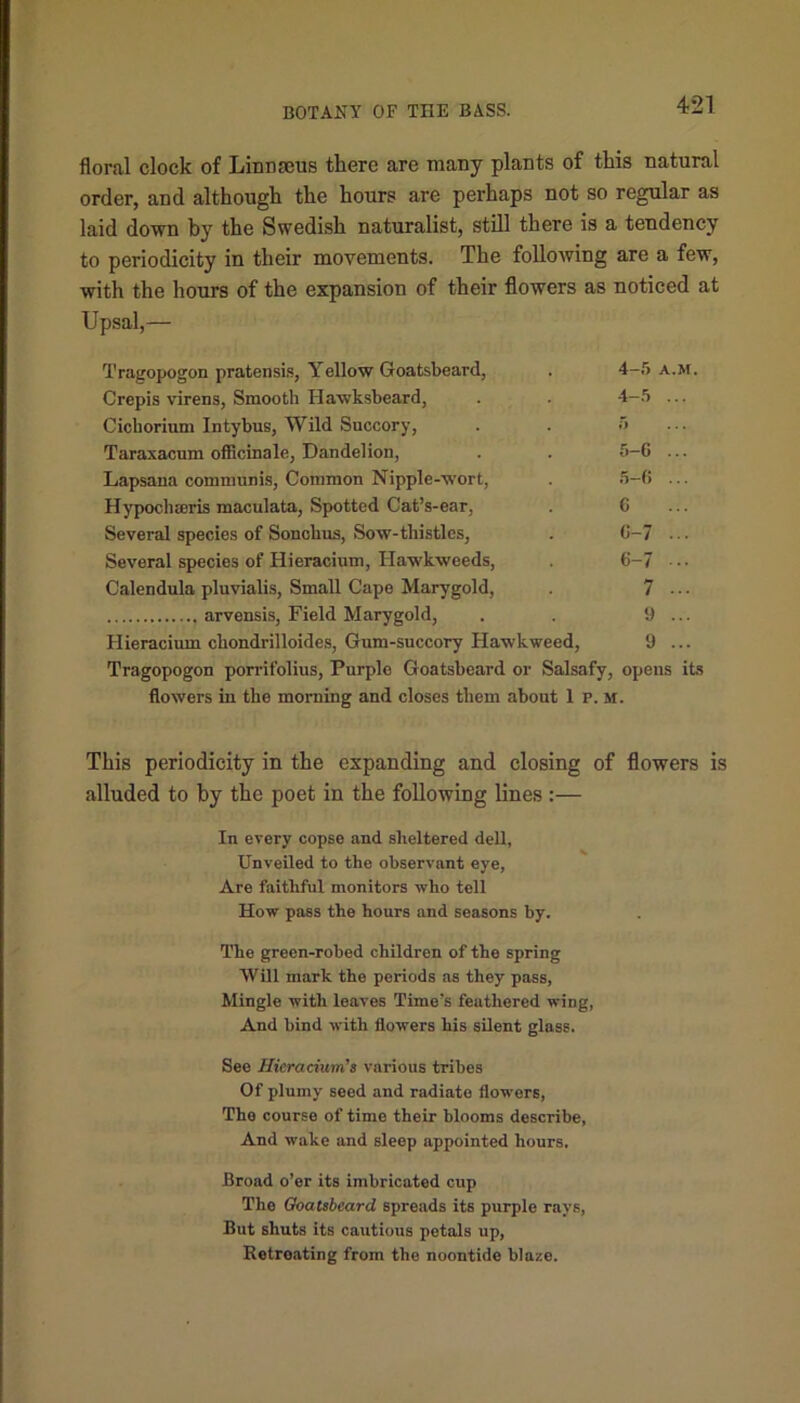 floral clock of LinDseus there are many plants of this natural order, and although the hours are perhaps not so regular as laid down by the Swedish naturalist, still there is a tendency to periodicity in their movements. The following are a few, with the hours of the expansion of their flowers Upsal,— as noticed at Tragopogon pratensis, Yellow Goatsbeard, 4-5 A.M. Crepis virens, Smooth Hawksbeard, 4-5 ... Cichorinm Intybus, Wild Succory, 5 Taraxacum officinale, Dandelion, 5-6 ... Lapsana communis, Common Nipple-wort, 5—6 ... Hypochaeris maculata, Spotted Cat’s-ear, c Several species of Sonckus, Sow-tliistlcs, 6-7 ... Several species of Hieracium, Hawkweeds, 6-7 -.. Calendula pluvialis, Small Cape Marygold, 7 ... 9 ... Hieracium cliondrilloides, Gum-succory Hawkweed, 9 ... Tragopogon porrifolius, Purplo Goatsbeard or Salsafy, opens its flowers in the morning and closes them about 1 p. m. This periodicity in the expanding and closing of flowers is alluded to by the poet in the following lines :— In every copse and sheltered dell, Unveiled to the observant eye, Are faithful monitors who tell How pass the hours and seasons by. The green-robed children of the spring Will mark the periods as they pass, Mingle with leaves Time’s feathered wing, And bind with flowers his silent glass. See Hieracium’a various tribes Of plumy seed and radiate flowers, The course of time their blooms describe, And wake and sleep appointed hours. Broad o’er its imbricated cup The QoatsbearcL spreads its purple rays, But shuts its cautious petals up, Retreating from the noontide blaze.