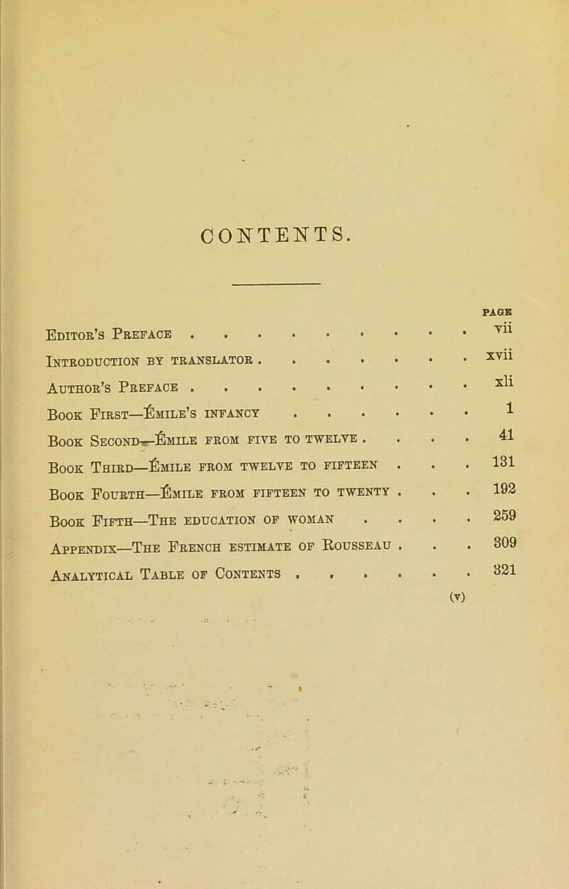 CONTENTS. Editoe’s Peeface INTEODUCTION BT TEANSLATOE .... Authoe’s Peeface Book Fiest—Émile’s infancy Book Seconde-Émile feom five to twelye . Book Thied—Émile feom twelye to fifteen Book Foüeth—Émile feom fifteen to twenty Book Fifth—The éducation of woman Appendix—The Feench estimate of Rousseau Analytical Table of Contents . PAGE yü xvii xli 1 41 131 192 259 309 321