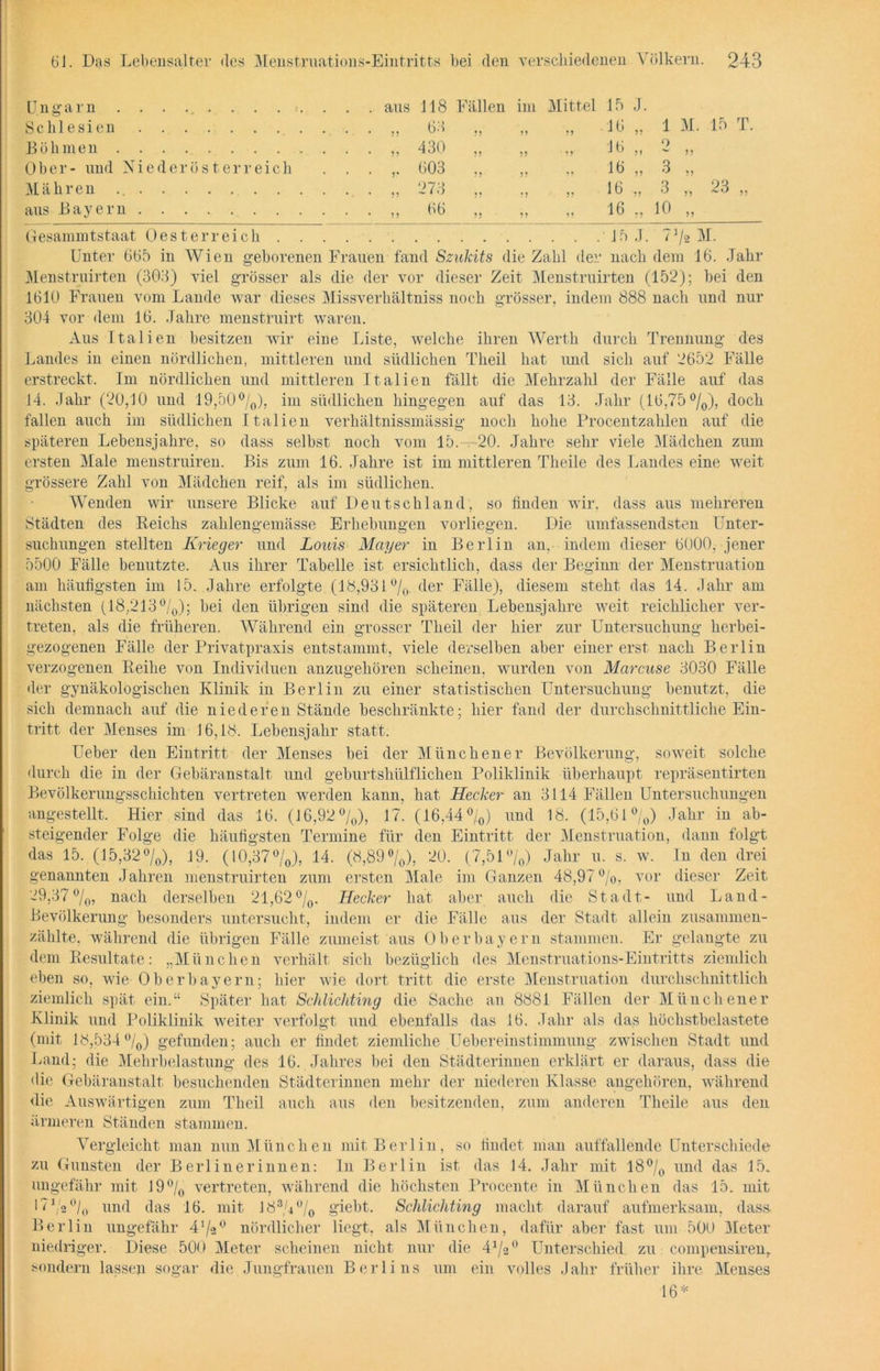 Ungarn . Fällen im Mittel 15 J, Schlesien ?» „ 16 ?? Böhmen 430 ?? ., 16 5» Ober- und NiederÖsterreich . . . ,. 603 ?? J? 16 ?? Mähren . .. . „ 273 V „ 16 ?? aus Bayern . . . „ 66 ?? „ 16 ?? Gesammtstaat Oesterreich . . .1 1 M. 15 T. o 3 3 10 23 Unter 665 in Wien geborenen Frauen fand Szukits die Zahl der nach dem 16. Jahr llenstruirten (303) viel grösser als die der vor dieser Zeit Menstruirten (152); bei den 1610 Frauen vom Lande war dieses Missverhältniss noch grösser, indem 888 nach und nur 304 vor dem 16. Jahre menstruirt waren. Aus Italien besitzen wir eine Liste, welche ihren Werth durch Trennung des Landes in einen nördlichen, mittleren und südlichen Theil hat und sich auf 2652 Fälle erstreckt. Im nördlichen und mittleren Italien fällt die Mehrzahl der Fälle auf das 14. Jahr (20,10 und 19,50%), im südlichen hingegen auf das 13. Jahr (16,75 °/0), doch fallen auch im südlichen Italien verhältnissmässig noch hohe Procentzahlen auf die späteren Lebensjahre, so dass selbst noch vom 15.—20. Jahre sehr viele Mädchen zum ersten Male menstruiren. Bis zum 16. Jahre ist im mittleren Theile des Landes eine weit grössere Zahl von Mädchen reif, als im südlichen. Wenden wir unsere Blicke auf Deutschland, so finden wir, dass aus mehreren Städten des Reichs zahlengemässe Erhebungen vorliegen. Die umfassendsten Unter- suchungen stellten Krieger und Louis Mayer in Berlin an, indem dieser 6000, jener 5500 Fälle benutzte. Aus ihrer Tabelle ist ersichtlich, dass der Beginn der Menstruation am häufigsten im 15. Jahre erfolgte (18,931 °/0 der Fälle), diesem steht das 14. Jahr am nächsten (18,213%); hei den übrigen sind die späteren Lebensjahre weit reichlicher ver- treten, als die früheren. Während ein grosser Theil der hier zur Untersuchung herbei- gezogenen Fälle der Privatpraxis entstammt, viele derselben aber einer erst nach Berlin verzogenen Reihe von Individuen anzugehören scheinen, wurden von Marcuse 3030 Fälle •ler gynäkologischen Klinik in Berlin zu einer statistischen Untersuchung benutzt, die sich demnach auf die niederen Stände beschränkte; hier fand der durchschnittliche Ein- tritt der Menses im 16,18. Lebensjahr statt. Ueber den Eintritt der Menses bei der Münchener Bevölkerung, soweit solche durch die in der Gebäranstalt und geburtshiilflichen Poliklinik überhaupt repräsentirten Bevölkerungsschichten vertreten werden kann, hat Hecker an 3114 Fällen Untersuchungen angestellt. Hier sind das 16. (16,92 °/0), 17. (16,44%) und 18. (15,61%) Jahr in ab- steigender Folge die häufigsten Termine für den Eintritt der Menstruation, dann folgt das 15. (15,32%), 19. (10,37%), 14. (8,89%), 20. (7,51%) Jahr u. s. w. In den drei genannten Jahren menstruirten zum ersten Male im Ganzen 48,97%, vor dieser Zeit 29,37%, nach derselben 21,62%. Hecker hat aber auch die Stadt- und Land- Bevölkerung besonders untersucht, indem er die Fälle aus der Stadt allein zusammen- zählte. während die übrigen Fälle zumeist aus Oberbayern stammen. Er gelangte zu dem Resultate: „München verhält sich bezüglich des Menstruations-Eintritts ziemlich eben so, wie Oberbayern; hier wie dort tritt die erste Menstruation durchschnittlich ziemlich spät ein.“ Später hat Schlichting die Sache an 8881 Fällen der Münchener Klinik und Poliklinik weiter verfolgt und ebenfalls das 16. Jahr als das höchstbelastete (mit 18,534%) gefunden; auch er findet ziemliche Uebereinstimmung zwischen Stadt und Land; die Mehrbelastung des 16. Jahres bei den Städterinnen erklärt er daraus, dass die die Gebäranstalt besuchenden Städterinnen mehr der niederen Klasse angehören, während die Auswärtigen zum Theil auch aus den besitzenden, zum anderen Theile aus den ärmeren Ständen stammen. Vergleicht man nun München mit Berlin, so bildet man auffallende Unterschiede zu Gunsten der Berlinerinnen: In Berlin ist das 14. Jahr mit 18% und das 15. ungefähr mit 19% vertreten, während die höchsten Procente in München das 15. mit 17%% und das 16. mit 18%% giebt. Schlichting macht darauf aufmerksam, dass Berlin ungefähr 4%° nördlicher liegt, als München, dafür aber fast um 500 Meter niedriger. Diese 500 Meter scheinen nicht nur die 4%° Unterschied zu compensiren, sondern lassen sogar die Jungfrauen Berlins um ein volles Jahr früher ihre Menses 16*