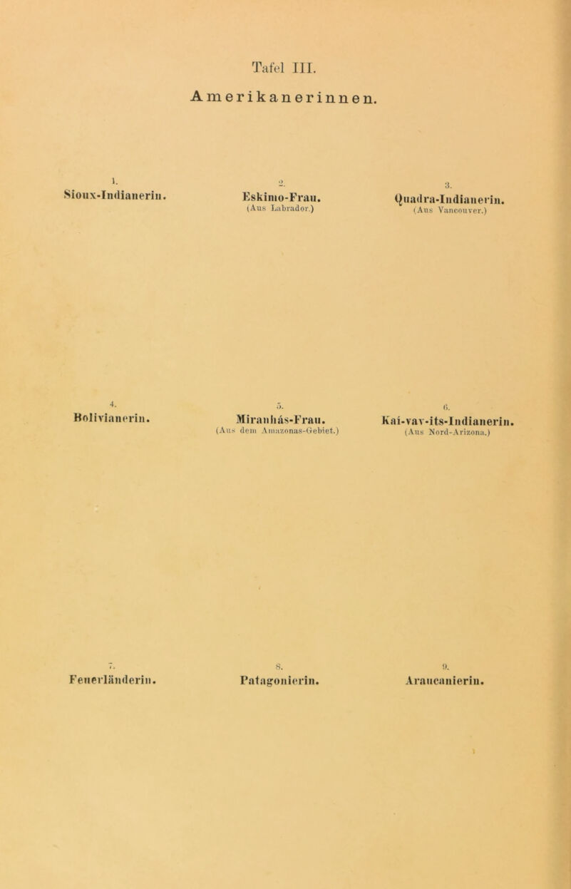 Amerikanerinnen. 1. Sioux-Indianerin. 2 Eskimo-Frau. (Aus Labrador.) 3. ({iiadra-Iudianerin. (Ans Vancouver.) 4. Bolivianerin. i). Miranhäs-Frau. (Aus dem Amazonas-Gebiet.) (>. Kai-vav-its-Indianeriii. (Ans Nord-Arizona.) Feuerländerin. s. Patagonierin. !). A rau ca nierin.