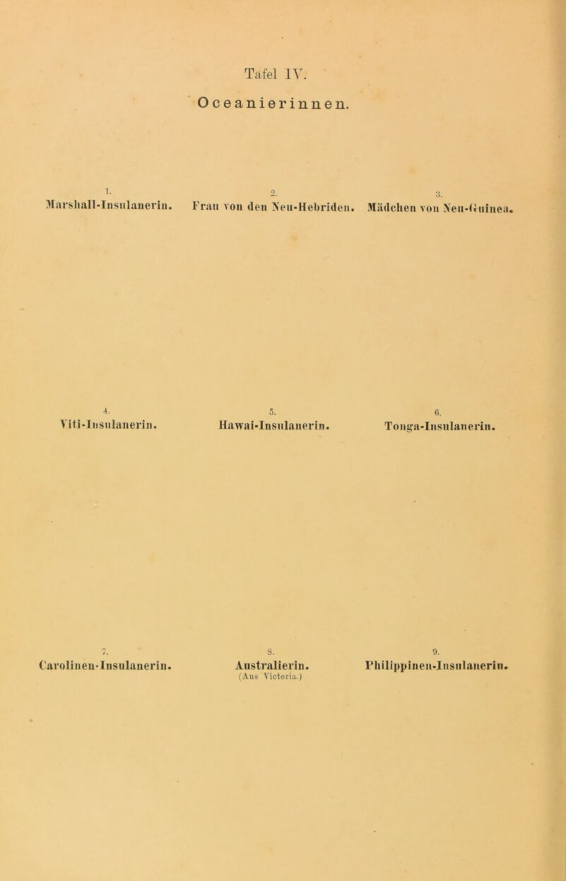 Oceanierinnen. i. Marshall-Insulanerin. 4. Viti-Insulanerin. Carolinen-Insulanerin. 9. Frau von (len Neu-Hebriden. 5. Hawai-lnsulanerin. s. Australierin. (Aus Victoria.) Mädchen von Neu-Uuinea. 6. Tonga-Insulanerin. 9. Philippinen-Instilancrin.