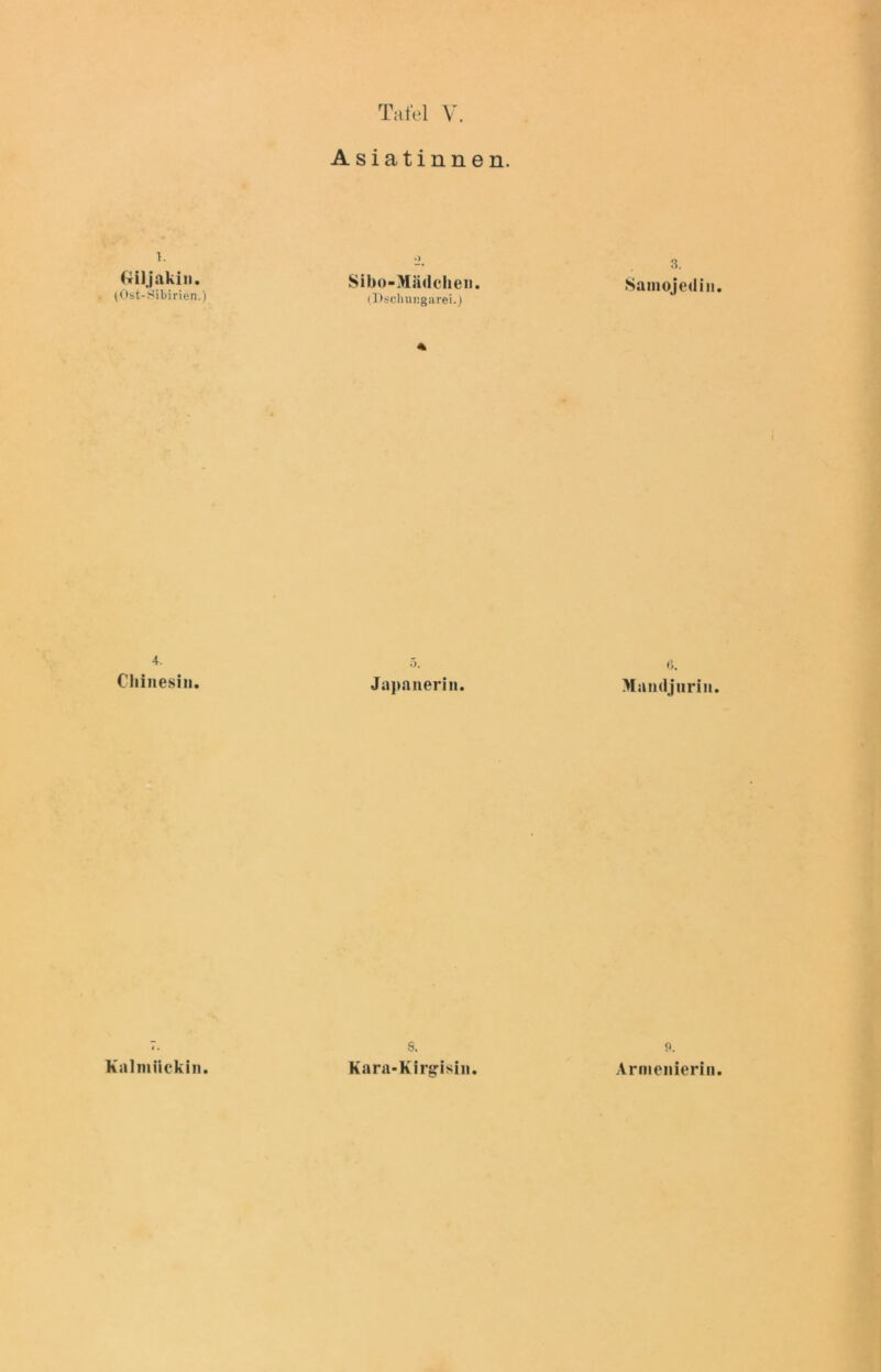 Asiatinnen. 1. o (filjakin. Sibo-Mädchen. (Ost-Sibirien.) (Dscliungarei.) 4. Chinesin. O. Japanerin. Kalmückin. 8. Kara-Kirgisin. 3. Samojedin. <>. Mandjnrin. 9. Armenierin.