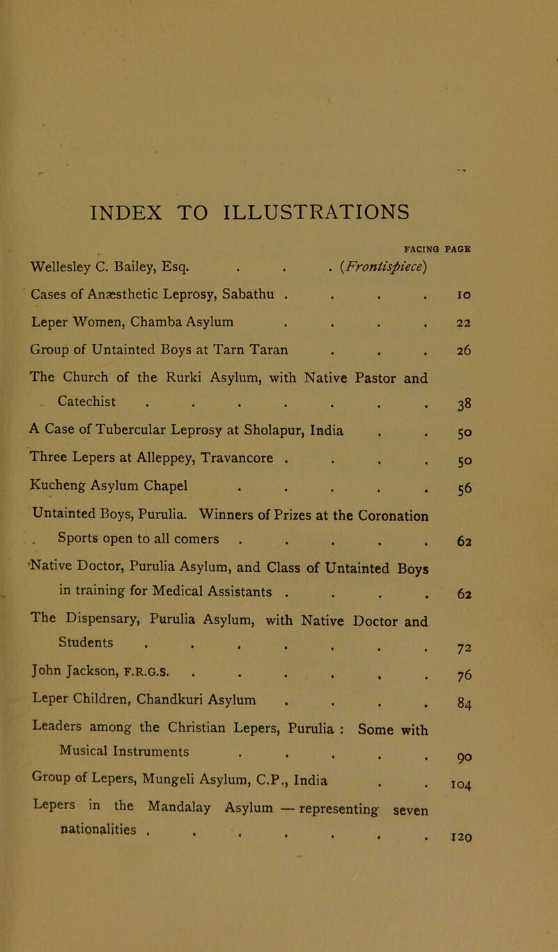 INDEX TO ILLUSTRATIONS FACING PAGE Wellesley C. Bailey, Esq. . . . {Froniispiece) Cases of Anaesthetic Leprosy, Sabathu . . . .10 Leper Women, Chamba Asylum . . . .22 Group of Untainted Boys at Tarn Taran . . .26 The Church of the Rurki Asylum, with Native Pastor and Catechist ....... 38 A Case of Tubercular Leprosy at Sholapur, India . . 50 Three Lepers at Alleppey, Travancore . . . .50 Kucheng Asylum Chapel ..... 56 Untainted Boys, Purulia. Winners of Prizes at the Coronation Sports open to all comers ..... 62 •Native Doctor, Purulia Asylum, and Class of Untainted Boys in training for Medical Assistants . . . .62 The Dispensary, Purulia Asylum, with Native Doctor and Students ....... 72 John Jackson, f.r.g.s. ...... 76 Leper Children, Chandkuri Asylum . . . .84 Leaders among the Christian Lepers, Purulia : Some with Musical Instruments • • . . . 90 Group of Lepers, Mungeli Asylum, C.P., India . . 104 Lepers in the Mandalay Asylum — representing seven nationalities . . .