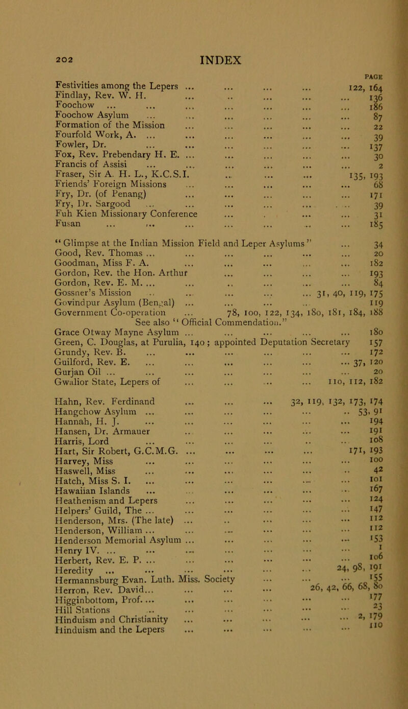 PAGE Festivities among the Lepers ... ... ... ... 122, 164 Findlay, Rev. W. H. ... .. ... ... ... Foochow ... ... ... ... ... ... ... jg5 Foochow Asylum ... ... ... ... ... ... 87 Formation of the Mission ... ... ... ... ... 22 Fourfold Work, A. ... ... ... ... ... ... 39 Fowler, Dr. ... ... ... ... ... ... 137 Fox, Rev. Prebendary H. E. ... ... ... ... ... 30 Francis of Assisi ... ... ... ... ... ... 2 Fraser, Sir A. H. L., K.C.S.I. .. ... ... 135, 193 Friends’ Foreign Missions ... ... ... ... ... 68 Fry, Dr. (of Penang) ... ... ... ... ... 171 Fry, Dr. Sargood ... ... ... ... ... . .. 39 Fuh Kien Missionary Conference ... , ... ... 31 Fusan ... ... ... ... ... .. ... 185 “ Glimpse at the Indian Mission Field and Leper Asylums” ... 34 Good, Rev. Thomas ... ... ... ... ... ... 20 Goodman, Miss F. A. ... ... ... ... ... 182 Gordon, Rev. the Hon. Arthur ... ... ... ... 193 Gordon, Rev. E. M. ... ... .. ... ... ... 84 Gossner’s Mission .. .. ... ... ... 31, 40, 119, 175 Govindpur Asylum (Bengal) ... ... ... 119 Government Co-operation ... 78, 100, 122, 134, 180, 181, 184, 188 See also “ Official Commendation.” Grace Otway Mayne Asylum ... ... ... ... ... 180 Green, C. Douglas, at Purulia, 140; appointed Deputation Secretary 157 Grundy, Rev. B. ... ... ... ... ... ... 172 Guilford, Rev. E. ... ... ... ... ... ... 37, 120 Gurjan Oil ... ... ... ... ... ... •.• 20 Gwalior State, Lepers of ... ... ... ... 110,112,182 Hahn, Rev. Ferdinand Hangchow Asylum ... Hannah, H. J. Hansen, Dr. Armauer Harris, Lord Hart, Sir Robert, G.C.M.G. ... Harvey, Miss Haswell, Miss Hatch, Miss S. I. Hawaiian Islands Heathenism and Lepers Helpers’ Guild, The ... Henderson, Mrs. (The late) ... Henderson, William ... Henderson Memorial Asylum ... Henry IV. ... Herbert, Rev. E. P. ... Heredity ... ... ••• _••• Hermannsburg Evan. Luth. Miss. Society Herron, Rev. David... Higginbottom, Prof.... Hill Stations Hinduism and Christianity Hinduism and the Lepers 32, 119. 132, 173, 174 .. 53.91 194 191 .. .. 108 171, 193 ... ... 100 42 lOI 167 124 147 112 112 153 1 106 24, 98, 191 15s 26, 42, 66, 68, 80 177 23 ... 2, 179 110