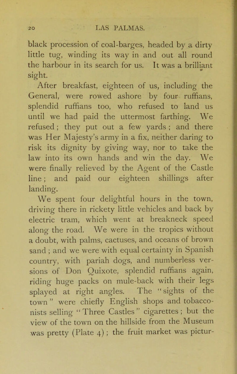 black procession of coal-barges, headed by a dirty little tug, winding its way in and out all round the harbour in its search for us. It was a brilliant sight. After breakfast, eighteen of us, including the General, were rowed ashore by four ruffians, splendid ruffians too, who refused to land us until we had paid the uttermost farthing. We refused; they put out a few yards ; and there was Her Majesty’s army in a fix, neither daring to risk its dignity by giving way, nor to take the law into its own hands and win the day. We were finally relieved by the Agent of the Castle line; and paid our eighteen shillings after landing. We spent four delightful hours in the town, driving there in rickety little vehicles and back by electric tram, which went at breakneck speed along the road. We were in the tropics without a doubt, with palms, cactuses, and oceans of brown sand ; and we were with equal certainty in Spanish country, with pariah dogs, and numberless ver- sions of Don Quixote, splendid ruffians again, riding huge packs on mule-back with their legs splayed at right angles. The “sights of the town ” were chiefly English shops and tobacco- nists selling “Three Castles” cigarettes; but the view of the town on the hillside from the Museum was pretty (Plate 4); the fruit market was pictur-