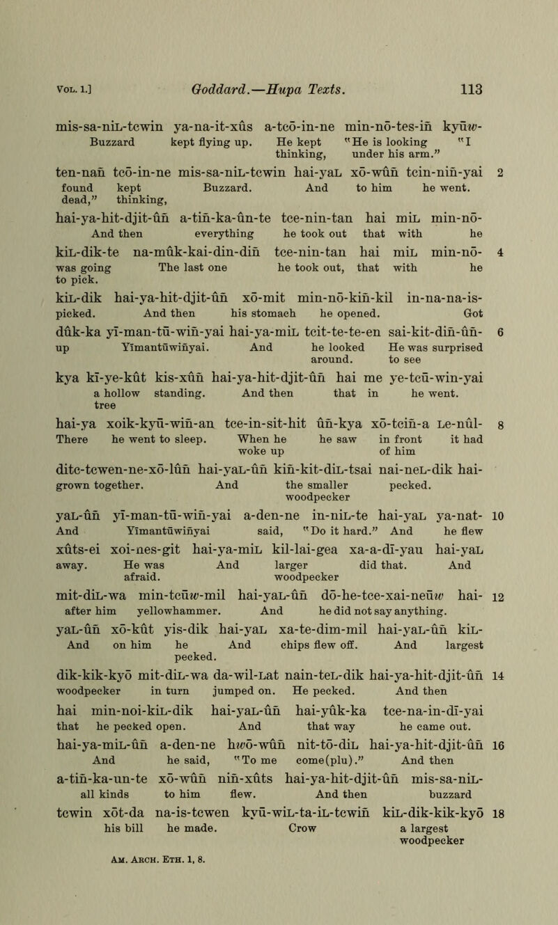 mis-sa-niL-tcwin ya-na-it-xus a-tco-in-ne min-no-tes-in kyuMJ- Buzzard kept flying up. He kept He is looking I thinking, under his arm.” ten-nan tco-in-ne mis-sa-niL-tcwin hai-yaL x5-wun tcin-nin-yai 2 found kept Buzzard. And to him he went, dead,” thinking, hai-ya-hit-djit-un a-tin-ka-un-te tee-nin-tan hai miL min-no- And then everything he took out that with he kiL-dik-te na-muk-kai-din-din tce-nin-tan hai miL min-no- 4 was going The last one he took out, that with he to pick. kiL-dik hai-ya-hit-djit-uh x6-mit min-no-kin-kU in-na-na-is- picked. And then his stomach he opened. Got duk-ka yi-man-tu-win-yai hai-ya-miL tcit-te-te-en sai-kit-din-un- 6 up Yimantuwinyai. And he looked He was surprised around. to see kya kl-ye-kut kis-xun hai-ya-hit-djit-un hai me ye-tcu-win-yai a hollow standing. And then that in he went, tree hai-ya xoik-kyu-win-an tce-in-sit-hit There he went to sleep. When he woke up un-kya x6-tcin-a Le-nul- he saw in front it had of him ditc-tcwen-ne-xo-luh hai-yaL-un kih-kit-diL-tsai nai-neL-dik hai- grown together. And the smaller peeked. woodpecker yaL-uh yi-man-tu-win-yai a-den-ne in-niL-te hai-yaL ya-nat- And Yimantuwinyai said, Do it hard.” And he flew xuts-ei xoi-nes-git hai-ya-miL kil-lai-gea xa-a-dl-yau hai-yaL away. He was And larger did that. And afraid. woodpecker mit-diL-wa min-tcuw-mil hai-yaL-un do-he-tce-xai-neutc hai- after him yellowhammer. And he did not say anything. yaL-uh x6-kut yis-dik hai-yaL xa-te-dim-mil hai-yaL-uh kiL- And on him he And chips flew off. And largest pecked. dik-kik-kyo mit-diL-wa da-wil-Lat nain-tcL-dik hai-ya-hit-djit-un woodpecker in turn jumped on. He peeked. And then 8 10 12 14 hai min-noi-kiL-dik hai-yaL-un that he pecked open. And hai-ya-miL-un a-den-ne htco-wuh And he said, To me hai-yuk-ka tee-na-in-di-yai that way he came out. nit-to-diL hai-ya-hit-djit-uh come(plu).” And then a-tih-ka-un-te all kinds xo-wuh nih-xuts hai-ya-hit-djit-uh mis-sa-niL- to him flew. And then buzzard 16 tcwin x6t-da his bill na-is-tewen he made. kyu- wiL- ta- iL- tcwih Crow kiL-dik-kik-kyo 18 a largest woodpecker A.M. Arch. Eth. 1, 8.