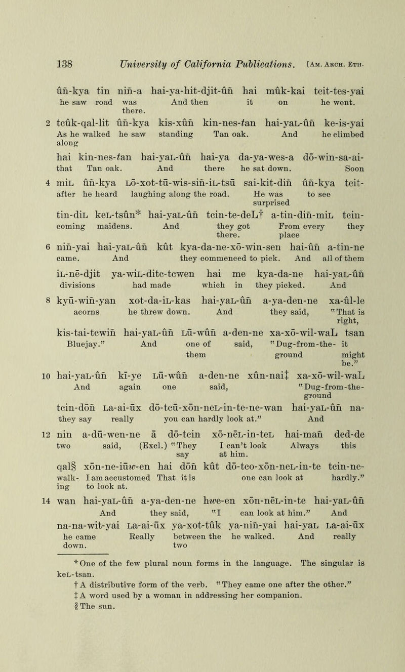 uu-kya tin uin-a he saw road was there. 2 tcuk-qal-lit un-kya As he walked he saw along hai-ya-hit-djit-un hai And then it kis-xun kin-nes-/an standing Tan oak. muk-kai teit-tes-yai on he went. hai-yaL-un ke-is-yai And he climbed hai kin-nes-^an hai-yaL-uh hai-ya da-ya-wes-a that Tan oak. And there he sat down. d5-win-sa-ai- Soon 4 miL uh-kya Lo-xot-tu-wis-sin-iL-tsu sai-kit-din uh-kya tcit- after he heard laughing along the road. He was to see surprised tin-diL keL-tsun* hai-yaL-un tcin-te-deLf a-tin-din-min tcin- coming maidens. And they got From every they there. place 6 nih-yai hai-yaL-uh kut kya-da-ne-xo-win-sen hai-uh a-tin-ne came. And they commenced to pick. And all of them iL-ne-djit ya-wiL-dite-tcwen hai me kya-da-ne hai-yaL-uh divisions had made which in they picked. And 8 10 kyu-wih-yan acorns kis-tai-tcwih Bluejay.” xot-da-iL-kas hai-yaL-uh a-ya-den-ne xa-ul-le he threw down. And they said, That is right, hai-yaL-uh Lu-wuh a-den-ne xa-xo-wil-waL tsan And one of said, Dug-from-the- it them ground might be.” hai-yaL-uh ki-ye And again tein-doh La-ai-ux they say really Lu-wuh a-den-ne xun-nail xa-xo-wil-waL one said, Dug-from-the- ground do-teu-xon-neL-in-te-ne-wan hai-yaL-uh na- you can hardly look at.” And 12 nin a-du-wen-ne a do-tcin two said, (Excl.) They say qal§ x6n-ne-iutt)-en hai doh walk- I am accustomed That it is ing to look at. x5-neL-in-teL hai-mah I can’t look Always at him. kut do-teo-xon-neL-in-te one can look at ded-de this tcin-ne- hardly.” 14 wan hai-yaL-uh a-ya-den-ne htt^e-en xon-neL-in-te hai-yaL-uh And they said, I can look at him.” And na-na-wit-yai La-ai-ux ya-xot-tuk ya-nih-yai hai-yaL La-ai-ux he came Eeally between the he walked. And really down. two *One of the few plural noun forms in the language. The singular is keL-tsan. tA distributive form of the verb. They came one after the other.” t A word used by a woman in addressing her companion. I The sun.