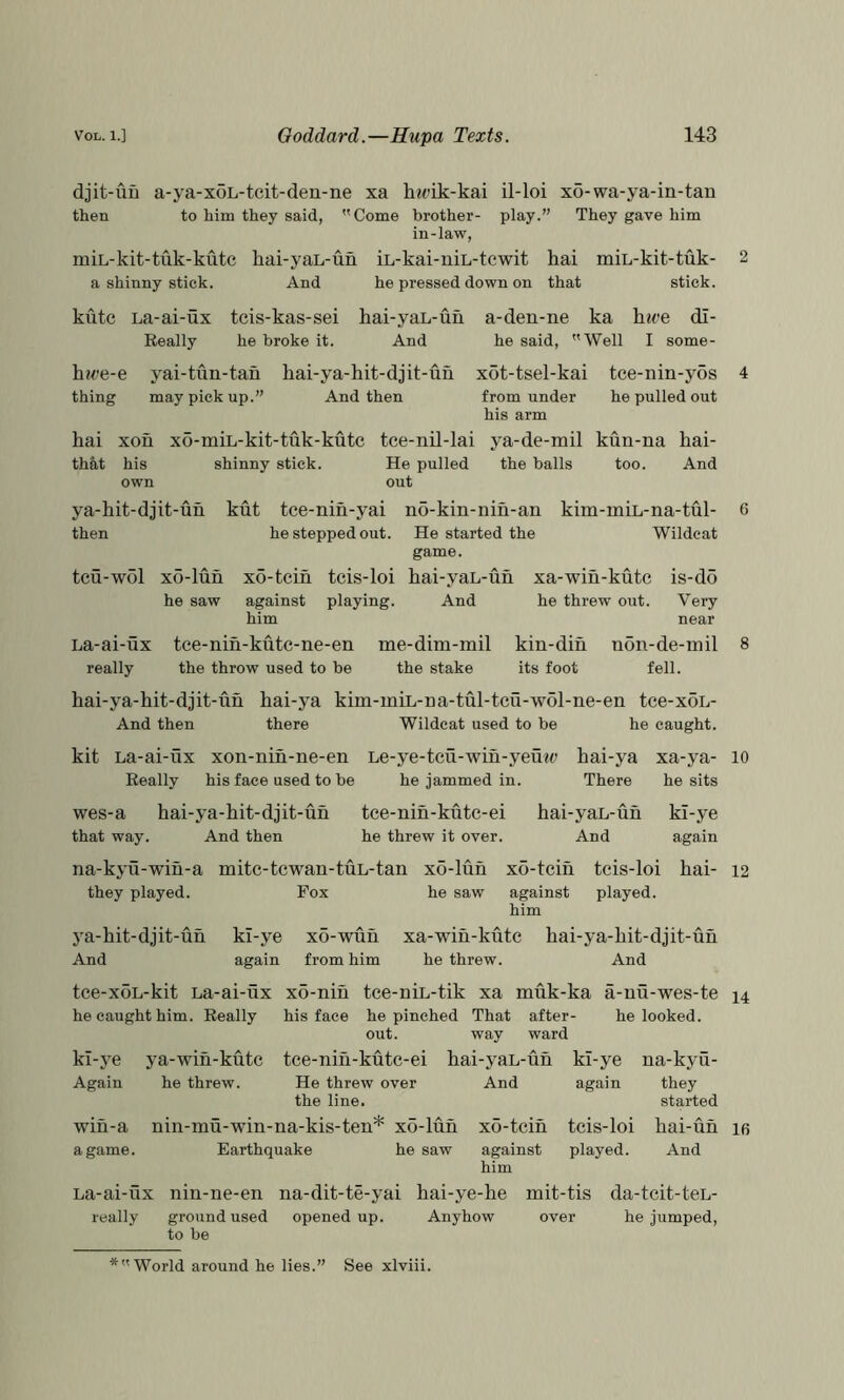 djit-uu a-ya-xoL-tcit-den-ne xa hwik-kai il-loi xo-wa-ya-in-tan then to him they said, Come brother- play.” They gave him in-law, miL-kit-tuk-kutc liai-yaL-un iL-kai-niL-tewit hai miL-kit-tuk- 2 a shinny stick. And he pressed down on that stick. kute La-ai-ux teis-kas-sei hai-yan-un a-den-ne ka h«t'e dl- Eeally he broke it. And he said, Well I some- h?t»e-e yai-tun-tan hai-ya-hit-djit-un xot-tsel-kai tce-nin-yos 4 thing may pick up.” And then from under he pulled out his arm liai xon xo-miL-kit-tuk-kutc tce-nil-lai ya-de-mil kun-na hai- th&,t his shinny stick. He pulled the balls too. And own out ya-hit-djit-un kut tee-nin-yai no-kin-nin-an kim-miL-na-tul- then he stepped out. He started the Wildcat game. teu-wol xd-lun x5-tcin tcis-loi hai-yaL-un xa-win-kutc is-do he saw against playing. And he threw out. Very him near La-ai-ux tce-nin-kutc-ne-en me-dim-mil kin-din really the throw used to be the stake its foot non-de-inil fell. 6 8 kai-ya-hit-djit-un hai-ya kim-miL-na-tul-tcu-wol-ne-en tce-xoL- And then there Wildcat used to be he caught. kit La-ai-ux xon-nin-ne-en Le-ye-tcu-win-yeuto hai-ya Really his face used to be he jammed in. There xa-ya- lo he sits wes-a hai-ya-hit-djit-uh tce-nih-kutc-ei hai-yaL-un kl-ye that way. And then he threw it over. And again na-kyu-wiu-a they played. mitc-tcwan-tuL-tan xo-luh x6-tciu Fox he saw against him teis-loi hai- 12 played. 3a-hit-djit-un kl-ye xo-wuh xa-win-kutc hai-ya-hit-djit-un And again from him he threw. And tce-xoL-kit La-ai-ux x6-nih tce-niL-tik xa muk-ka a-uu-wes-te he caught him. Really his face he pinched That after- he looked. out. way ward kl-ye ya-wih-kutc tce-niu-kutc-ei hai-yaL-un kl-ye na-kyu- Again he threw. He threw over And again they the line. started wih-a nin-mu-win-na-kis-ten* x6-luh x6-tcih tcis-loi hai-uh a game. Earthquake he saw against played. And him 14 16 La-ai-ux nin-ne-en na-dit-te-yai hai-ye-he mit-tis da-tcit-teL- really ground used opened up. Anyhow over he jumped, to be ♦ World around he lies.” See xlviii.