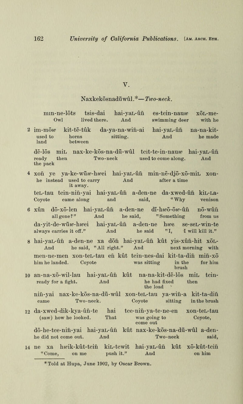 V. Naxkekosnaduwul .*— Two-necJc. mm-ne-16ts tsis-dai hai-yaL-un es-tcin-nauw xoL-me- Owl lived there. And swimming deer with he 2 im-mow kit-te-tuk da-ya-na-win-ai hai-yaL-un na-na-kit- used to horns sitting. And he made land between de-16s miL nax-ke-kos-na-du-wul tcit-te-in-namo hai-yaL-uh ready then Two-neck used to come along. And the pack 4 xoh ye ya-ke-wu?t»-hwei hai-yaL-uh min-ne-djo-xo-miL xon- he instead used to carry And after a time it away. teL-tau tein-nih-yai hai-yaL-uh a-den-ne da-xwed-uh kiL-La- Coyote came along and said, Why venison 6 xun do-x6-len hai-yaL-uh a-den-ne dl-htt)6-oto-uh no-wuh all gone?” And he said, Something from us da-yit-de-wuw-hi<)ei hai-yaL-uh a-den-ne hwe se-seL-win-te always carries it off.” And he said I, I will kill it.” 8 hai-yaL-uh a-den-ne xa doh hai-yaL-uh kut yis-xuh-hit xoL- And he said, All right.” And next morning with men-ne-men xon-teL-tau eh kut tcin-nes-dai kit-ta-dih mih-x6 him he landed. Coyote was sitting in the for him brush 10 an-na-xo-wil-lau hai-yaL-uh kut na-na-kit-de-los miL tcin- ready for a fight. And he had fixed then the load nih-yai nax-ke-kos-na-du-wul xon-teL-tau ya-wih-a kit-ta-dih came Two-neck. Coyote sitting in the brush 12 da-xwed-dik-kya-uh-te hai tce-nih-ya-te-ne-en xon-teL-tau (saw) how he looked. That was going to Coyote, come out do-he-tce-nih-yai hai-yaL-uh kut nax-ke-kos-na-du-wul a-den- he did not come out. And Two-neck said, 14 ne xa hitdk-kut-tcih kiL-tcwit hai-yaL-uh kut xo-kut-tcih Come, on me push it.” And on him *Told at Hupa, June 1902, by Oscar Brown.