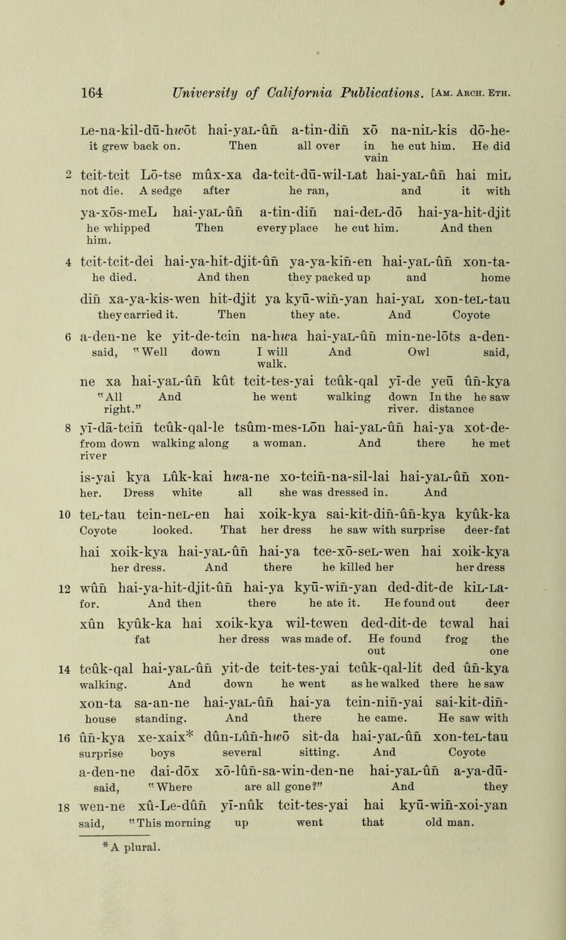 Le-ua-kil-du-hwot hai-yaL-un a-tin-din xo na-niL-kis do-he- it grew back on. Then all over in he cut him. He did vain 2 tcit-tcit Lo-tse mux-xa da-tcit-du-wil-Lat hai-yaL-un hai mil. not die. A sedge after he ran, and it with ya-x6s-meL hai-yai-un a-tin-din nai-dei-d5 he whipped Then everyplace he cut him. him. hai-ya-hit-djit And then 4 tcit-tcit-dei hai-ya-hit-djit-un ya-ya-kin-en hai-yai-un xon-ta- he died. And then they packed up and home din xa-ya-kis-wen hit-djit ya kyu-win-yan hai-yai xon-tei-tau they carried it. Then they ate. And Coyote 6 a-den-ne ke yit-de-tcin na-hwa hai-yai-un min-ne-16ts a-den- said, Well down I will And Owl said, walk. ne xa hai-yai-uh kut teit-tes-yai tcuk-qal yi-de yeu un-kya All And he went walking down In the he saw right.” river, distance 8 yl-da-tcih tcuk-qal-le tsum-mes-ion hai-yai-uh hai-ya xot-de- from down walking along a woman. And there he met river is-yai kya luk-kai h«^>a-ne xo-tcin-na-sil-lai hai-yai-uh xon- her. Dress white all she was dressed in. And 10 tei-tau tein-nei-en hai xoik-kya sai-kit-din-uh-kya kyuk-ka Coyote looked. That her dress he saw with surprise deer-fat hai xoik-kya hai-yai-uh hai-ya tee-xo-sei-wen hai xoik-kya her dress. And there he killed her her dress 12 wuh hai-ya-hit-djit-uh hai-ya kyu-win-yan ded-dit-de kii-ia- for. And then there he ate it. He found out deer xun kyuk-ka hai xoik-kya wil-tcwen ded-dit-de tcwal hai fat her dress was made of. He found frog the out one 14 tcuk-qal hai-yai-uh yit-de teit-tes-yai tcuk-qal-lit ded uh-kya walking. And down he went as he walked there he saw xon-ta sa-an-ne hai-yai-uh hai-ya tein-nih-yai sai-kit-dih- house standing. And there he came. He saw with 16 uh-kya xe-xaix* dun-iuh-hwo sit-da hai-3ai-uh xon-tei-tau surprise boys several sitting. And Coyote a-den-ne dai-dox x5-luh-sa-win-den-ne hai-yai-un a-ya-du- said, Where are all gone?” And they 18 wen-ne xu-Le-duh yl-nuk teit-tes-yai hai kyu-wih-xoi-yan said, This morning up went that old man. *A plural.