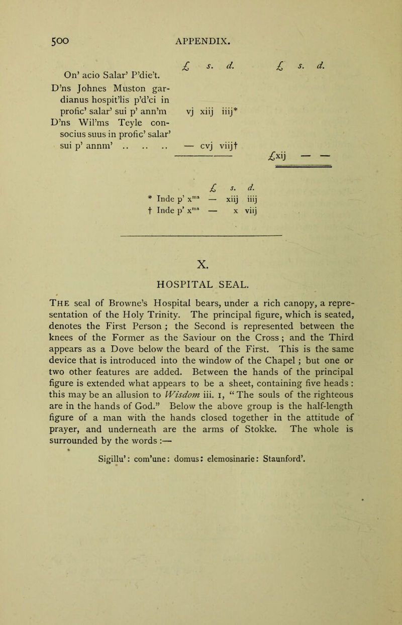 £ s. d. £ s. d. On’ acio Salar’ P’die’t. D’ns Johnes Muston gar- dianus hospit’lis p’d’ci in pro fie’ salar’ sui p’ ann’m vj xiij iiij* D’ns Wil’ms Teyle con- socius suus in profic’ salar’ sui p’ annm’ — cvj viijt £xij — — £ s. d. * Inde p’ xma — xiij iiij f Inde p’ xma — x viij X. HOSPITAL SEAL. The seal of Browne’s Hospital bears, under a rich canopy, a repre- sentation of the Holy Trinity. The principal figure, which is seated, denotes the First Person ; the Second is represented between the knees of the Former as the Saviour on the Cross; and the Third appears as a Dove below the beard of the First. This is the same device that is introduced into the window of the Chapel; but one or two other features are added. Between the hands of the principal figure is extended what appears to be a sheet, containing five heads : this maybe an allusion to Wisdom iii. i, “The souls of the righteous are in the hands of God.” Below the above group is the half-length figure of a man with the hands closed together in the attitude of prayer, and underneath are the arms of Stokke. The whole is surrounded by the words :— Sigillu’: com’une: domus: elemosinarie: Staunford’.