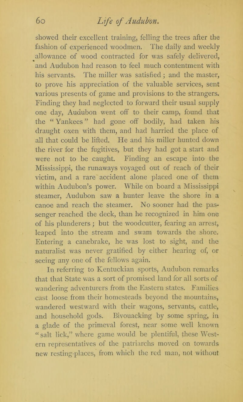 showed their excellent training, felling the trees after the fashion of experienced woodmen. The daily and weekly allowance of wood contracted for was safely delivered, and Audubon had reason to feel much contentment with his servants. The miller was satisfied; and the master, to prove his appreciation of the valuable services, sent various presents of game and provisions to the strangers. Finding they had neglected to forward their usual supply one day, Audubon went off to their camp, found that the “Yankees” had gone off bodily, had taken his draught oxen with them, and had harried the place of all that could be lifted. He and his miller hunted down the river for the fugitives, but they had got a start and were not to be caught. Finding an escape into the Mississippi, the runaways voyaged out of reach of their victim, and a rare'accident alone placed one of them within Audubon’s power. While on board a Mississippi steamer, Audubon saw a hunter leave the shore in a canoe and reach the steamer. No sooner had the pas- senger reached the deck, than he recognized in him one of his plunderers ; but the woodcutter, fearing an arrest, leaped into the stream and swam towards the shore. Entering a canebrake, he was lost to sight, and the naturalist was never gratified by either hearing of, or seeing any one of the fellows again. In referring to Kentuckian sports, Audubon remarks that that State was a sort of iDromised land for all sorts of wandering adventurers from the Eastern states. Eaniilies cast loose from their homesteads beyond the mountains, wandered westward with their wagons, servants, cattle, and household gods. Bivouacking by some spring, in a glade of the primeval forest, near some well known “salt lick,” where game would be plentiful, these West- ern representatives of the patriarchs moved on towards new resting-places, from which the red man, not without