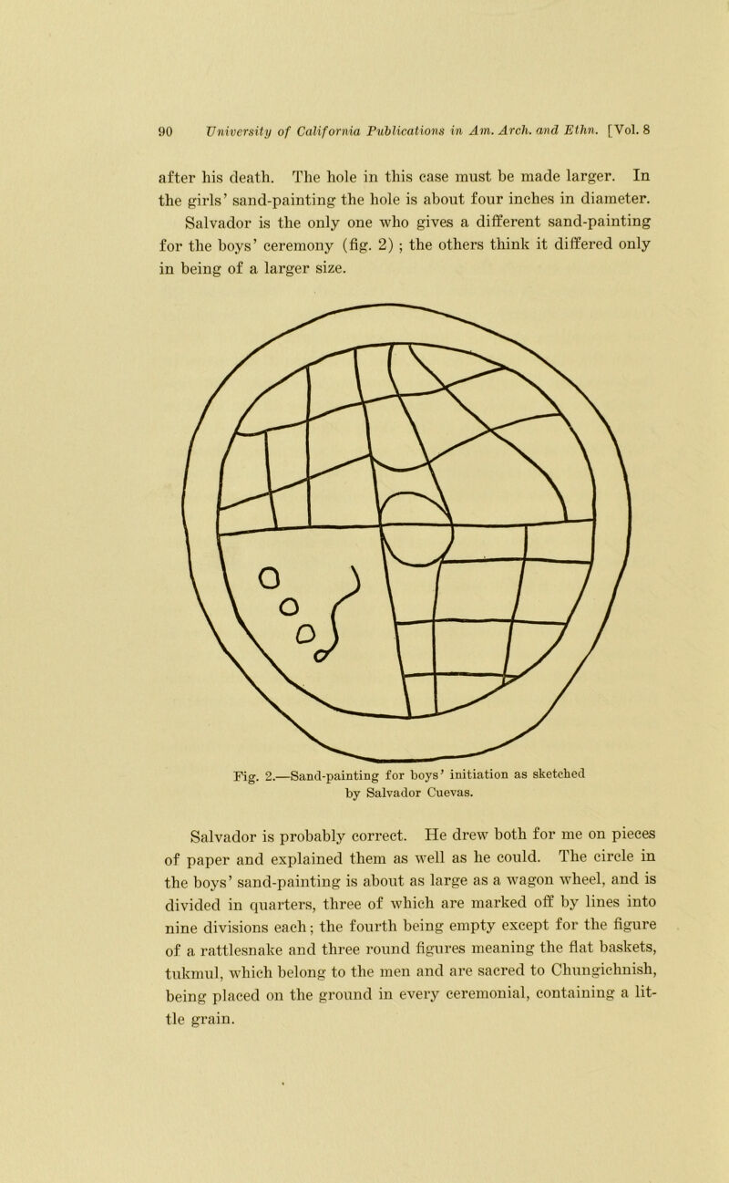 after his death. The hole in this case must be made larger. In the girls’ sand-painting the hole is about four inches in diameter. Salvador is the only one who gives a different sand-painting for the boys’ ceremony (fig. 2) ; the others think it differed only in being of a larger size. Fig. 2.—Sand-painting for boys’ initiation as sketched by Salvador Cuevas. Salvador is probably correct. He drew both for me on pieces of paper and explained them as well as he could. The circle in the boys’ sand-painting is about as large as a wagon wheel, and is divided in cpaarters, three of which are marked off by lines into nine divisions each; the fourth being empty except for the figure of a rattlesnake and three round figures meaning the flat baskets, tukmul, which belong to the men and are sacred to Chungichnish, being placed on the ground in every ceremonial, containing a lit- tle grain.