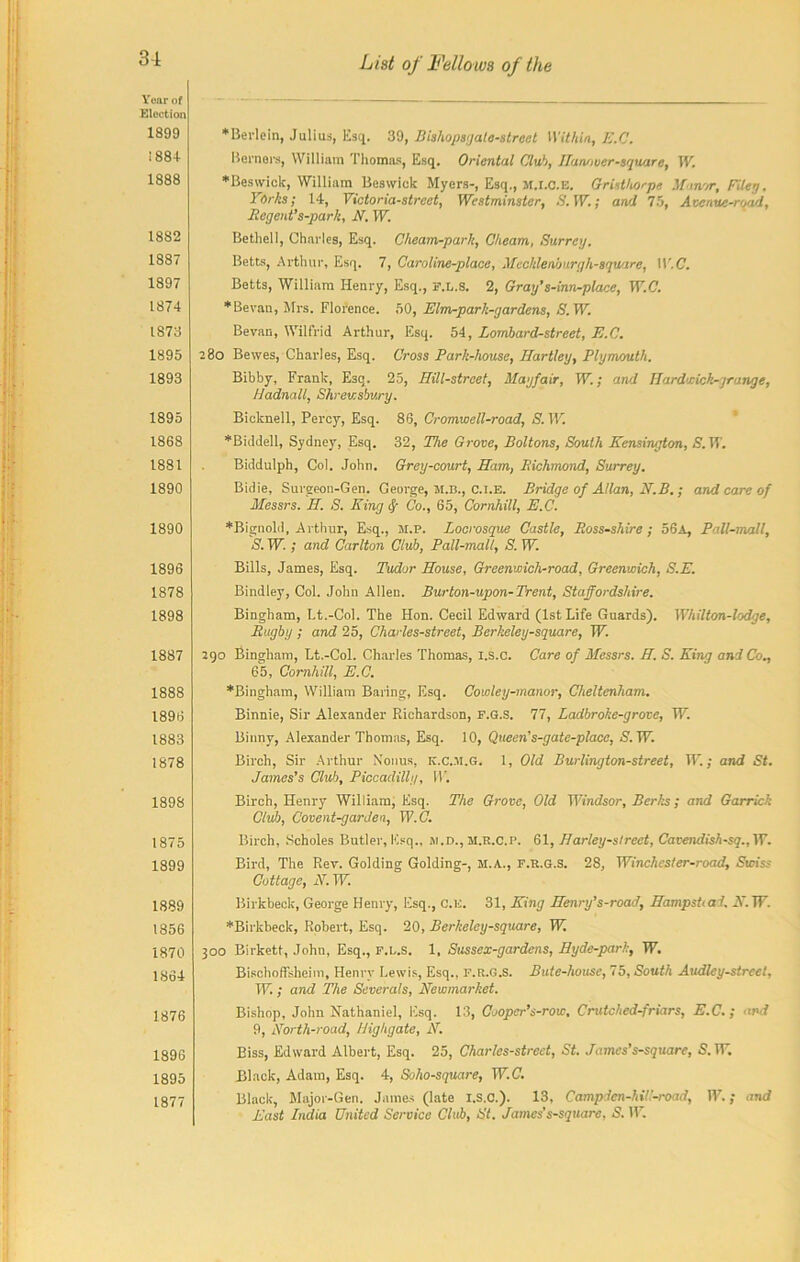 Year of Election 1899 188+ 1888 18S2 1887 1897 1874 LS73 1895 1893 1895 1868 1881 1890 1890 1896 1878 1898 1887 1888 1896 1883 1878 1898 1875 1899 1889 1856 1870 186+ 1876 1896 1895 1877 ♦Berlein, Julius, Esq. 39, Blshopsyate-streel Within, E.C. Kernel's, William Thomas, Esq. Oriental Club, Ilannucr-square, TF. * Keswick, William Beswick Myers-, Esq., M.l.O.E. Gristhorpe Manor, Filer), Yorks; 14, Victoria-street, Westminster, S.W.; and 75, Avenue-road, Regent's-park, N. W. Bethell, Charles, Esq. Cheam-park, Cheam, Surrey. Betts, Arthur, Esq. 7, Caroline-place, Meehlemurgh-square, W.C. Betts, William Henry, Esq., f.l.s. 2, Gray’s-inn-place, W.C. ♦Bevan, Mrs. Florence. 50, Elm-park-gardens, S. W. Bevan, Wilfrid Arthur, Esq. 54, Lombard-street, E.C. 280 Bewes, Charles, Esq. Cross Park-house, Hartley, Plymouth. Bibby, Frank, Esq. 25, Hill-street, Mayfair, W.; and Hard rick-grange, Hadnall, Shrewsbury. Bicknell, Percy, Esq. 86, Cromwell-road, S. W. ♦Biddell, Sydney, Esq. 32, The Grove, Boltons, South Kensington, S. IF. Biddulph, Col. John. Grey-court, Ham, Richmond, Surrey. Bidie, Surgeon-Gen. George, M.B., c.i.e. Bridge of Allan, N.B.; and care of Messrs. II. S. King Co., 65, Cornhill, E.C. ♦Bignold, Arthur, Esq., M.p. Locrosque Castle, Ross-shire ; 56a, Pall-mall, S. W. ; and Carlton Club, Pall-mall, S. W. Bills, James, Esq. Tudor House, Greenwich-road, Greenwich, S.E. Bindley, Col. John Allen. Burton-upon- Trent, Staffordshire. Bingham, Lt.-Col. The Hon. Cecil Edward (1st Life Guards). Whilton-lodge, Rugby ; and 25, Charles-street, Berkeley-square, W. 290 Bingham, Lt.-Col. Charles Thomas, I.s.c. Care of Messrs. H. S. King and Co-, 65, Cornhill, E.C. ♦Bingham, William Baring, Esq. Cowley-manor, Cheltenham. Binnie, Sir Alexander Richardson, F.G.S. 77, Ladbroke-grove, TF. Binnv, Alexander Thomas, Esq. 10, Queen’s-gate-place, S. TF. Birch, Sir Arthur Nouus, K.c.M.G. 1, Old Burlington-street, IF; and St. James’s Club, Piccadilly, IF. Birch, Henry William, Esq. The Grove, Old Windsor, Berks; and Garrick Club, Covent-garden, W.C. Birch, Scholes Butler, Esq., m.d., M.r.C.p. 61, Harley-strect, Cavendish-sq.,W. Bird, The Rev. Golding Golding-, M.A., f.r.g.s. 28, Winchester-road, Swiss Cottage, N. IF. Birkbeck, George Henry, Esq., C.ii. 31, King Henry’s-road, Hampstiad. A'.TF. ♦Birkbeck, Robert, Esq. 20, Berkeley-square, W. 300 Birkett, John, Esq., F.L.s. 1, Sussex-gardens, Hyde-park, IF. Bischoffsheim, Henry Lewis, Esq., F.R.G.S. Bute-house, 75, South Audley-strcet, TF.; and The Severals, Newmarket. Bishop, John Nathaniel, Esq. 13, Cooper’s-row, Crutched-friars, E.C.; and 9, North-road, Highgate, N. Biss, Edward Albert, Esq. 25, Charles-street, St. James’s-square, S. TF. Black, Adam, Esq. 4, Soko-square, TF.C. Black, Major-Gen. James (late i.s.c.). 13, Campden-hil!-road, IT7.; and East India United Service Club, St. James's-square, S. TF.