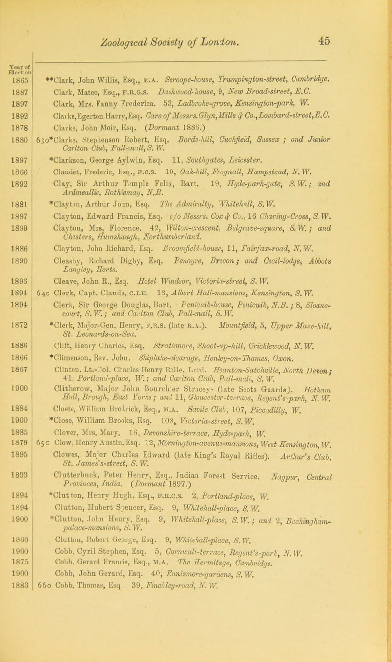 Year of Section I860 1887 1897 1892 1878 1880 1897 1866 1892 1881 1897 1899 1886 1890 1896 1894 1894 1872 1886 1866 1867 1900 1884 1900 1885 1879 1895 1893 1894 1894 1900 1866 1900 1875 1900 1883 ♦♦Clark, John Willis, Esq., m.a. Scroope-house, Trumpington-street, Cambridge. Clark, Mateo, Esq., f.r.g.s. Dashwood-house, 9, New Broad-street, E.C. Clark, Mrs. Fanny Frederica. 53, Ladbroke-grove, Kensington-park, TV Clarke, Egerton Harry,Esq. Care of Messrs.Glyn, Mills Co.,Lombard-street,E.C. Clarke, John Moir, Esq. (Dormant 1886.) 6 jo*Clarke. Stephenson Robert, Esq. Borde-hill, Cuckfield, Sussex ; and Junior Carlton Club, Pall-mall, S. TF. ♦Clarkson, George Aylwin, Esq. 11, Southgates, Leicester. Claudet, Frederic, Esq., F.c.S. 10, Oak-hill, Frognall, Hampstead, N.W. Clay, Sir Arthur Temple Felix, Bart. 19, Hyde-park-gate, S.W.; and Ardmeallie, Rothiemay, N.B. ♦Clayton, Arthur John, Esq. The Admiralty, Whitehall, S. W. Clayton, Edward Francis, Esq. c/o Messrs. Cox <j- Co., 16 Charing-Cross, S. TV. Clayton, Mrs. Florence. 42, Wilton-crescent, Belgrave-square, S. W.; and Chesters, Humshaugh, Northumberland. Clayton, John Richard, Esq. Broomfield-house, 11, Fairfax-road, A'. TV. Cleasby, Richard Digby, Esq. Penoyre, Brecon; and Cecil-lodge, Abbots Langley, Herts. Cleave, John R., Esq. Hotel Windsor, Victoria-street, S. TV. 64c Clerk, Capt. Claude, C.I.e. 13, Albert Hall-mansions, Kensington, S. TV. Clerk, Sir George Douglas, Bart. Penicuik-house, Penicuik, N.B.; 8, Sloane- court, S. TV.; and Carlton Club, Pall-mall, S. TV ♦Clerk, Major-Gen. Henry, f.r.s. (late R.A.). Mountfield, 5, Upper Maze-hill, St. Leonards-on-Sea. Clift, Henry Charles, Esq. Strathmore, Shoot-up-hill, Cricklewood, N. TV ♦Climenson, Rev. John. Shiplake-vicarage, Henley-on-Thames, Oxon. Clinton. Lt.-Col. Charles Henry Rolle, Lord. Heanton-Satchville, North Devon; 41, Portland-place, TV ; and Carlton Club, Pall-mall, S. IV Clitherow, Major John Bourchier Stracey- (late Scots Guards). Hotham Hall, Brough, East Yorks; and 11, Gloucester-terrace, Regent’s-park, N. TV Cloete, William Brodrick, Esq., m.a. Savile Club, 107, Piccadilly, TV. ♦Close, William Brooks, Esq. 108, Victoria-street, S. TV. Clover, Mrs. Mary. 16, Devonshire-terrace, Hyde-park, TV 65c Clow, Henry Austin, Esq. 12, Mornington-avenue-mansions, West Kensington, TV. Clowes, Major Charles Edward (late King’s Royal Rifles). Arthur’s Club, St. James's-strect, S. TV. Clutterbuck, Peter Henry, Esq., Indian Forest Service. Nagpur, Central Provinces, India. (Dormant 1897.) ♦Clutton, Henry Hugh, Esq., f.r.c.S. 2, Portland-place, TV. Glutton, Hubert Spencer, Esq. 9, White hall-place, S. TV. ♦Clutton, John Henry, Esq. 9, Whitehall-place, S. TV ; and 2, Backingham- palace-mansions, S. TV Clutton, Robert George, Esq. 9, Whitehall-place, S. W. Cobb, Cyril Stephen, Esq. 5, Cornwall-terrace, Regent’s-park, N. IV. Cobb, Gerard Francis, Esq., m.a. The Hermitage, Cambridge. Cobb, John Gerard, Esq. 40, Ennismore-gardens, S. TV 660 Cobb, Thomas, Esq. 39, Finchley-road, N. TV