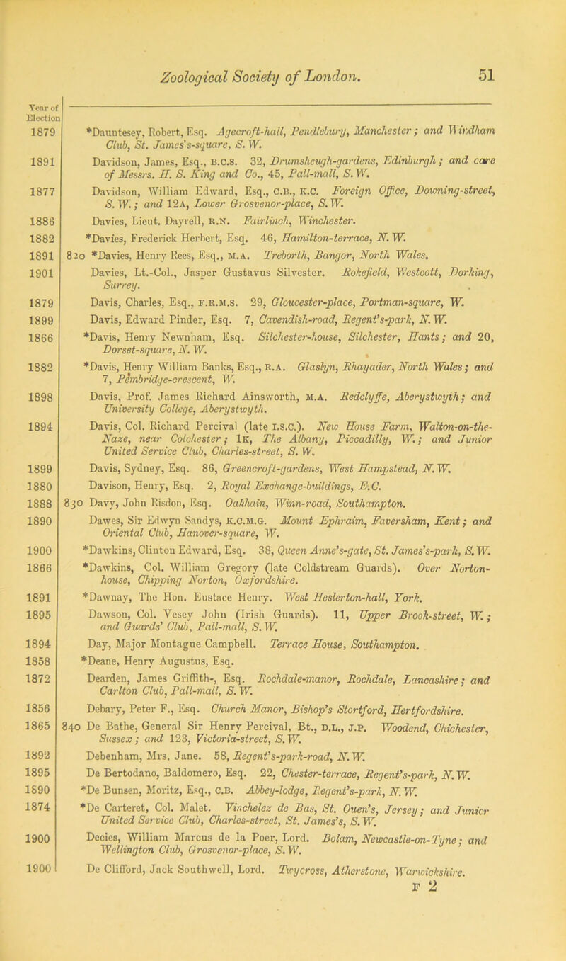 Year of Election 1879 1891 1877 1886 1882 1891 1901 1879 1899 1866 1882 1898 1894 1899 1880 1888 1890 1900 1866 1891 1895 1894 1858 1872 1856 1865 1892 1895 1890 1874 1900 1900 ♦Dauntesey, Robert, Esq. Agecroft-hall, Pendlebury, Manchester; and Windham. Club, St. James' s-square, S. W. Davidson, James, Esq., B.c.s. 32, Drumshcugh-gardens, Edinburgh ; and care of Messrs. II. S. King and Co., 45, Pall-mall, S. W. Davidson, William Edward, Esq., C.B., K.C. Foreign Office, Downing-street, S.W.; and 12a, Lower Grosvenor-place, S. IT7. Davies, Lieut. Dayrell, r.n. Fairlinqh, Winchester. *Davies, Frederick Herbert, Esq. 46, Hamilton-terrace, N. W. 820 * Davies, Henry Rees, Esq., m.a. Treborth, Bangor, North Wales. Davies, Lt.-Col., Jasper Gustavus Silvester. Rokefield, Westcott, Dorking, Surrey. Davis, Charles, Esq.. I'.R.M.S. 29, Gloucester-place, Portman-square, W. Davis, Edward Pinder, Esq. 7, Cavendish-road, Regent's-park, N. W. *Davis, Henry Newmam, Esq. Silchester-house, Silchester, Hants; and 20, Dorset-square, N. W. ♦Davis, Henry William Banks, Esq., r.a. Glaslyn, Rhayader, North Wales; and 7, Pembridge-crescent, W. Davis, Prof. James Richard Ainsworth, M.A. Reddyffe, Aberystwyth; and University College, Aberystwyth. Davis, Col. Richard Percival (late I.S.C.). New House Farm, Waltm-on-the- Naze, near Colchester; Ik, The Albany, Piccadilly, W.; and Junior United Service Club, Charles-street, S. W. Davis, Sydney, Esq. 86, Greencroft-gardens, West Hampstead, N. W. Davison, Henry, Esq. 2, Royal Exchange-buildings, E.C. 830 Davy, John Risdon, Esq. Oahhain, Winn-road, Southampton. Dawes, Sir Edwyn Sandys, k.C.m.G. Mount Ephraim, Faversham, Kent; and Oriental Club, Hanover-square, W. ♦Dawkins, Clinton Edward, Esq. 38, Queen Anne's-gatc, St. James's-park, S. Wr. ♦Dawkins, Col. William Gregory (late Coldstream Guards). Over Norton- house, Chipping Norton, Oxfordshire. ♦Dawnay, The Hon. Eustace Henry. West Ileslerton-hall, York. Dawson, Col. Vesey John (Irish Guards). 11, Upper Brook-street, TP.; and Guards’ Club, Pall-mall, S. W, Day, Major Montague Campbell. Terrace House, Southampton. ♦Deane, Henry Augustus, Esq. Dearden, James Griffith-, Esq. Rochdale-manor, Rochdale, Lancashire; and Carlton Club, Pall-mall, S. W. Debary, Peter F., Esq. Church Manor, Bishop’s Stortford, Hertfordshire. 840 De Bathe, General Sir Henry Percival, Bt., d.l., j.p. Woodend, Chichester, Sussex ; and 123, Victoria-street, & TP. Debenham, Mrs. Jane. 58, Regent’s-park-road, N.W. De Bertodano, Baldomero, Esq. 22, Chester-terrace, Regent’s-park, N. W. ♦De Bunsen, Moritz, Esq., c.b. Abbey-lodge, Regent’s-park, N. W. ♦De Carteret, Col. Malet. Vinchelez do Bas, St. Ouen’s, Jersey; and Junior United Service Club, Charles-street, St. James’s, S. W. Decies, William Marcus de la Poer, Lord. Bolam, Newcastle-on- Tyne; and Wellington Club, Grosvenor-place, S. IF. De Clifford, Jack Southwell, Lord. Twycross, Alherstone, Warwickshire. F 2