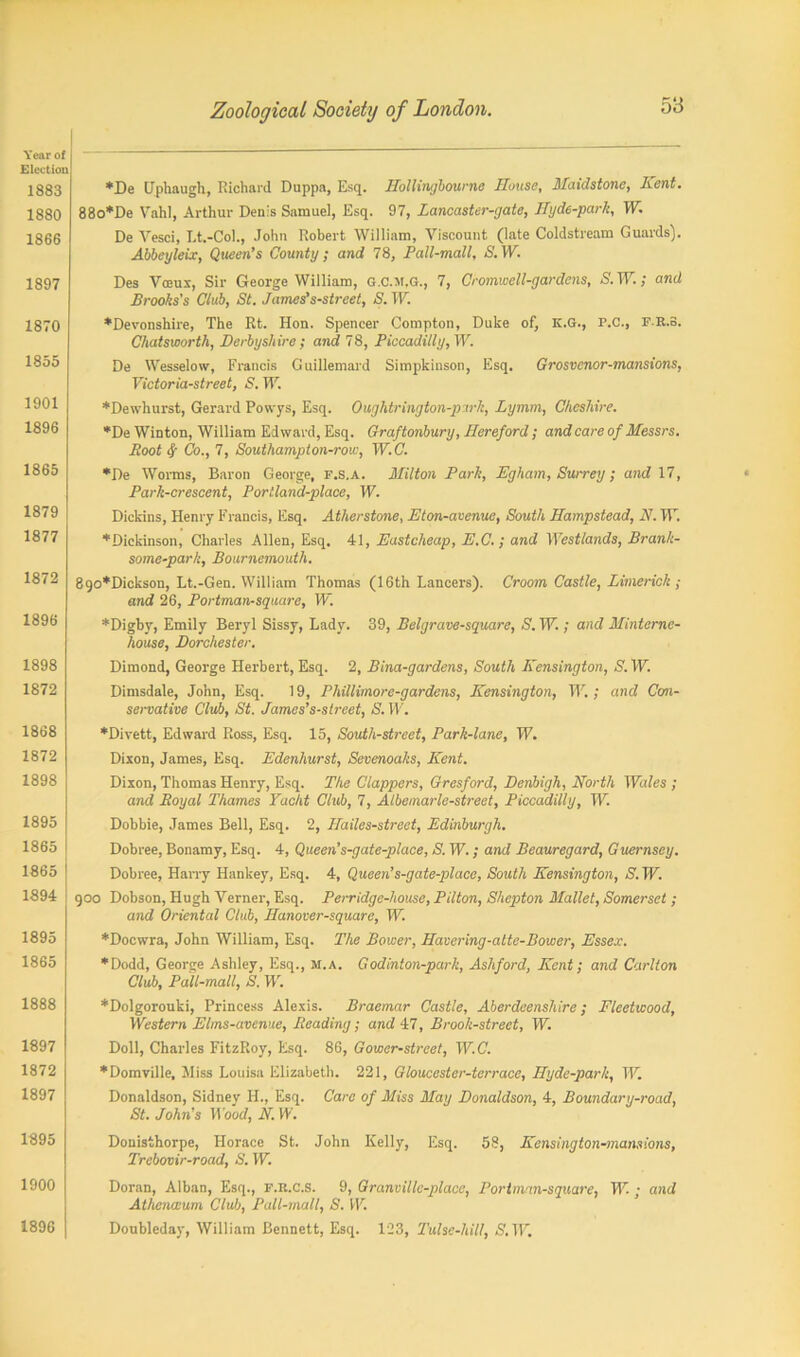 Year of Election 1883 1880 1866 1897 1870 1855 1901 1896 1865 1879 1877 1872 1896 1898 1872 1868 1872 1898 1895 1865 1865 1894 1895 1865 1888 1897 1872 1897 1895 1900 1896 ♦De Uphaugh, Richard Duppa, Esq. Hollingbourne House, Maidstone, Kent. 88o*De Vahl, Arthur Denis Samuel, Esq. 97, Lancaster-gate, Hyde-park, TV. De Vesci, I.t.-Col., John Robert William, Viscount (late Coldstream Guards). Abbeyleix, Queen’s County ; and 78, Pall-mall, S. TV. Des Vceux, Sir George William, G.C.M.G., 7, Cromwell-gardens, S.W.; and Brooks’s Club, St. James's-street, S. TV. ♦Devonshire, The Rt. Hon. Spencer Compton, Duke of, K.G., P.C., FR.S. Chatsworth, Derbyshire; and 78, Piccadilly, W. De Wesselow, Francis Guillemard Simpkinson, Esq. Grosvenor-mansions, Victoria-street, S. TV. ♦Dewhurst, Gerard Powys, Esq. Oughtrington-park, Lymm, Cheshire. ♦DeWinton, William Edward,Esq. Graftonbury, Hereford; and care of Messrs. Boot 4' Co., 7, Southampton-row, W.C. ♦De Worms, Baron George, f.s.a. Milton Park, Egham, Surrey; and 17, Park-crescent, Portland-place, TV. Dickins, Henry Francis, Esq. Atherstone, Eton-avenue, South Hampstead, N. TV. ♦Dickinson, Charles Allen, Esq. 41, Eastcheap, E.C.; and Westlands, Brank- some-park, Bournemouth. 8go*Dickson, Lt.-Gen. William Thomas (16th Lancers). Croom Castle, Limerick ,- and 26, Portman-square, TV. *Digby, Emily Beryl Sissy, Lady. 39, Belgrave-square, S. TV. ; and Minterne- house, Dorchester. Dimond, George Herbert, Esq. 2, Bina-gardens, South Kensington, S. TV. Dimsdale, John, Esq. 19, Phillimore-gardens, Kensington, TV. ; and Con- servative Club, St. James’s-street, S. TV. ♦Divett, Edward Ross, Esq. 15, South-street, Park-lane, TV. Dixon, James, Esq. Edenhurst, Sevenoaks, Kent. Dixon, Thomas Henry, E.sq. The Clappers, Cresford, Denbigh, North TV«/es ; and Royal Thames Yacht Club, 7, Albemarle-street, Piccadilly, TV. Dobbie, James Bell, Esq. 2, Hailes-street, Edinburgh. Dobree, Bonamy, Esq. 4, Queen’s-gate-place, S. TV.; and Beauregard, Guernsey. Dobree, Harry Hankey, Esq. 4, Queen’s-gate-place, South Kensington, S. TV. 900 Dobson, Hugh Verner, Esq. Perridge-house, Pilton, Shepton Mallet, Somerset; and Oriental Club, Hanover-square, TV. ♦Docwra, John William, Esq. The Bower, Havcring-atte-Bower, Essex. ♦Dodd, George Ashley, Esq., m.a. Godinton-park, Ashford, Kent; and Carlton Club, Pall-mall, S. TV. ♦Dolgorouki, Princess Alexis. Braemar Castle, Aberdeenshire; Fleetwood, Western Elms-avenue, Reading; and 47, Brook-street, TV. Doll, Charles FitzRoy, Esq. 86, Gowcr-street, 1V.C. ♦Domville, Miss Louisa Elizabeth. 221, Gloucester-terrace, Hyde-park, TV. Donaldson, Sidney Id., Esq. Care of Miss May Donaldson, 4, Boundary-road, St. John’s Wood, N. TV. Donisthorpe, Horace St. John Kelly, Esq. 58, Kensington-mawions, Trcbovir-road, S. TV. Doran, Alban, Esq., f.r.c.s. 9, Granville-place, Portman-square, TV • and Athena:um Club, Pall-mall, S. TV. Doubleday, William Bennett, Esq. 123, Tulse-hill, & TV.