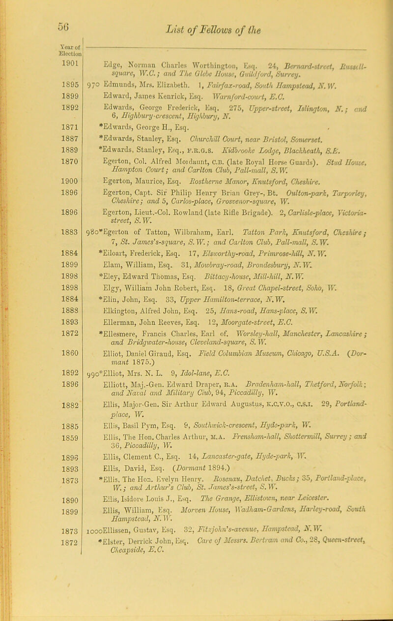 50 Year of Election 1901 1S95 1899 1892 1871 1887 1S89 1870 1900 1896 1896 1883 1884 1899 1898 1898 1S84 1883 1893 1872 1860 1892 1896 1882 1885 1S59 1895 1893 1873 1890 1899 1873 1872 Edge, Norman Charles Worthington, Esq. 24, Bcrnard-strcet, liusst.il- square, TV.C.; and The Glebe House, Guildford, Surrey. 970 Edmunds, Mrs. Elizabeth. 1, Fairfax-roud, South Hampstead, N. W. Edward, James Kenriclt, Esq. Warnford-court, E.C. Edwards, George Frederick, Esq. 275, Upper-street, Islington, K.; c.nd 6, Highbury-crescent, Highbury, N. ♦Edwards, George H., Esq. ♦Edwards, Stanley, Esq. Churchill Court, near Bristol, Somerset. ♦Edwards, Stanley, Esq., F.R.G.s. Kidbrooke Lodge, Blackheath, 8.E. Egerton, Col. Alfred Moidaunt, c.B. (late Royal Horse Guards). Stud House, Hampton Court; and Carlton Club, Pall-mall, S. W. Egerton, Maurice, Esq. Bostheme Manor, Knutsford, Cheshire. Egerton, Capt. Sir Philip Henry Brian Grey-, Bt. Oulton-park, Tarporley, Cheshire; and 5, Carlos-place, Grosvenor-square, TF. Egerton, Lieut.-Col. Rowland (late Rifle Brigade). 2, Carlisle-place, Victoria- street, S.W. 98o*Egerton of Tatton, Wilbraham, Earl. Tatton Park, Knutsford, Cheshire; 7, St. Jamcs’s-square, S. TF.; and Carlton Club, Pall-mall, S. TF ♦Eiloart, Frederick, Esq. 17, Elsworthy-road, Primrose-hill, K. IP. Elam, William, Esq. 31, Mowbray-road, Brondesbury, N. TF ♦Eley, Edward Thomas, Esq. Bittacy-house, Mill-hill, N.W. Elgy, William John Robert, Esq. 18, Great Chapel-street, Soho, TF. ♦Elin, John, Esq. 33, Upper Hamilton-terrace, N.W. Elkington, Alfred John, Esq. 25, Hans-road, Hans-place, S. TF Ellerman, John Reeves, Esq. 12, Moorgate-street, E.C. ♦Ellesmere, Francis Charles, Earl of. Worsley-hall, Manchester, Lancashire; and Bridgwater-house, Clevcland-sqmre, S. TF Elliot, Daniel Giraud, Esq. Field Columbian Museum, Chicago, U.S.A. (Dor- mant 1875.) 99o*£lliot, Mrs. N. L. 9, Idol-lane, E.C. Elliott, Maj.-Gen. Edward Draper, r.a. Bradenham-hall, Thetford, Norfolk; and Naval and Military Ciuh, 94, Piccadilly, TF. Ellis, Major-Gen. Sir Arthur Edward Augustus, K.C.V.O., C.S.I. 29, Portland- place, IF. Ellis, Basil Pym, Esq. 9, Southwick-crescent, Hydc-park, TF. Ellis, The Hon. Charles Arthur, h.a. Frensham-hall, Shottennill, Surrey ; and 36, Piccadilly, TF. Ellis, Clement C., Esq. 14, Lancastcr-gate, Hyde-park, TF. Ellis, David, Esq. (Dormant 1894.) ♦Ellis, The Hon. Evelyn Henry. Rosenau, Hatchet, Bucks; 35, Portland-place, TF.; and Arthur’s Club, St. James’s-street, S. TF. Eilis, Isidore Louis J., Esq. The Grange, Ellistown, near Leicester. Ellis, William, Esq. Morven House, Wadham-Gardens, Harley-road, South Hampstead, N. TF. loooEllissen, Gustav, Esq. 32, Fitzjohn’s-avcnue, Hampstead, N. TF * Ulster, Derrick John, Esq. Care of Messrs. Bertram and Co., 28, Queen-street, Cheapside, E.C.