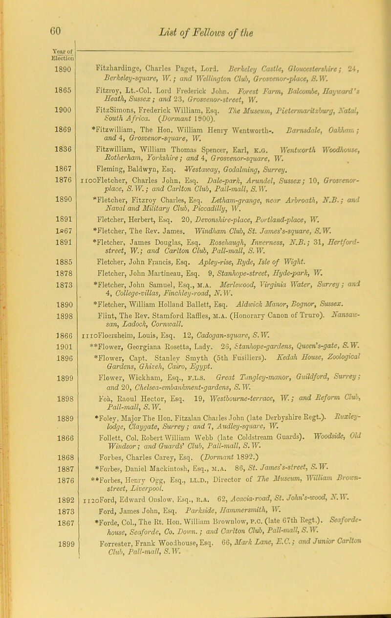 Year of Election 1890 1865 1900 1869 1836 1867 1876 1890 1891 1*67 1891 1885 1878 1873 1890 1898 1866 1901 1896 1899 1898 1889 1866 1868 1887 1876 1892 1873 1867 1899 Fitzhardinge, Charles Paget, Lord. Berkeley Castle, Gloucestershire; 24, Bcrkeley-square, W.; and Wellington Club, Grosvenor-pluce, 8. W. Fitzroy, Lt.-Col. Lord Frederick John. Forest Farm, BalcorrJje, Hayv;ard’s Ileath, Sussex ; and 23, Grosvenor-street, W. FitzSimons, Frederick William, Esq. The Museum, Pietermaritzburg, Natal, South Africa. (Dormant 1900). ♦Fitzwilliam, The Hon. William Henry Wentworth-. Barnsdale, Oakham; and 4, Grosvenor-square, W. Fitzwilliam, William Thomas Spencer, Earl, k.g. Wentworth Woodhouse, Botherham, Yorkshire; and 4, Grosvenor-square, W. Fleming, Baldwyn, Esq. Westaway, Godaiming, Surrey. nooFletcher, Charles John, Esq. Dale-park, Arundel, Sussex; 10, Grosrenor- place, S. W.; and Carlton Club, Pall-mall, S. W. *Fletcher, Fitzroy Charles, Esq. Letham-grange, near Arbroath, N.B.; awl Naval and Military Chib, Piccadilly, W. Fletcher, Herbert, Esq. 20, Devonshire-place, Portland-place, W. ♦Fletcher, The Rev. James. Windham Club, St. James's-square, S.W. ♦Fletcher, James Douglas, Esq. Bosehaugh, Inverness, N.B.; 31, Hcrlford- street, W.; and Carlton Club, Pall-mall, S. IF. Fletcher, John Francis, Esq. Apley-rise, Byde, Isle of Wight. Fletcher, John Martineau, Esq. 9, Stanhope-street, Hyde-park, W. ♦Fletcher, John Samuel, Esq., m.a. Merleicood, Virginia Water, Surrey; and 4, College-villas, Finchley-road, N. IT'. *Fletcher, William Holland Ballett, Esq. Aldwick Manor, Bognor, Sussex. Flint, The Rev. Stamford Raffles, m.a. (Honorary Canon of Truro). Nansaic- san, Ladock, Cornwall. moFloersheim, Louis, Esq. 12, Cadogan-square, S.W. ♦♦Flower, Georgiana Rosetta, Lady. 26, Stanhope-gardens, Queen’s-gate, S.W. ♦Flower, Capt. Stanley Smyth (5th Fusiliers). Kedah House, Zoological Gardens, Ghizeh, Cairo, Egypt. Flower, Wickham, Esq., f.l.s. Great Tangley-manor, Guildford, Surrey; and 20, Chelsea-embankment-gardens, S. W. Foa, Raoul Hector, Esq. 19, Westbourne-terrace, TF; and Beform Club, Pall-mall, S. W. ♦Foley, Major The Hon. Fitzalan Charles John (late Derbyshire Regt.). Buxley- lodge, Claygate, Surrey; and 7, Audley-square, W. Follett, Col. Robert William Webb (late Coldstream Guards). Woodside, Old Windsor; and Guards' Club, Pall-mall, S. W. Forbes, Charles Carey, Esq. (Dormant 1892.) ♦Forbes, Daniel Mackintosh, Esq., M.A. 86, St. James s-street, & TF. ♦♦Forbes, Henry Ong, Esq., LL.D., Director of The Museum, 11 dliam Biourn- street, Liverpool. n2oFord, Edward Onslow. Esq., r.a. 62, Acacia-road, St. John s-icood, A. IF. Ford, James John, Esq. Parkside, Hammersmith, TF. ♦Forde, Col., The Rt. Hon. William Brownlow, p.C. (late 67th Regt.). Seafordc- house, Seaforde, Co. Down.; and Carlton Club, Pall-mall, S. IF Forrester, Frank Woodhouse, Esq. 66, Mark Lane, E.C.; and Junior Carlton Club, Pall-mall, S. IF.