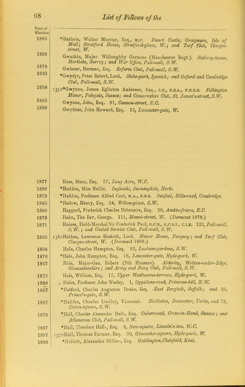 Year of Election 1895 1898 1878 1833 1859 1865 1896 1877 1898 1879 1865 1890 1876 1871 1865 1896 1876 1867 1873 1888 1867 1897 1876 1887 | 1897 ! 1898 List of Fellows of the *Guthrie, Walter Murray, Esq., m.p. Duart Castle, Graignure, Isle of Mull; Stratford House, Stratford-place, TV.; and Turf Clulj, Clarges- street, TV. Gwatkin, Major. Willoughby Garnons (Manchester Regt.). Suthrey-house, Mortlake, Surrey; and War Office, Pall-mall, S. W. Gwinner, Herman, Esq. Reform Club, Pall-mall, S. W. •Gwydyr, Peter Robert, Lord. Stoke-park, Ipswich; and Oxford and Camkjridge Club, Pall-mall, S.W. 135 o*G Wynne, James Eglinton Anderson, Esq., J.p., F.3.A., F.E.G.s. Folkington Manor, Polegate, Sussex; and Conservative Club, St. James's-street, S. W. G Wynne, John, Esq. 81, Cannon-street, E.C. Gwyther, John Howard, Esq. 13, Lancaster-gate, W. Haas, Meno, Esq. 57, Long Acre, W.C. *Hadden, Miss Nellie. Ingleside, Smnmgdale, Herts. *IIaddon, Professor Alfred Cort, M.A., f.r.s. Inisfail, Hills-road, Cambridge. *Hadow, Henry, Esq. 24, Wilton-place, S.W. Haggard, Frederick Charles Debonaire, Esq. 26, Austin-friars, E.C. Hahn, The Rev. George. Ill, Mount-street, W. (Dormant 1878.) Haines, Field-Marshal Sir Frederick Paul, g.c.b., g.c.s.t., c.i.e. 123, Pall-mall, S. W.; and United Service Club, Pall-mall, S. W. !36oHaldon, Lawrence Hesketh, Lord. Manor House, Torquay; and Turf Club, Clarges-street, W. (Dormant 1888.) Hale, Charles Hampton, Esq. 93, Lexham-gardens, S. W. *Hale, John Hampton, Esq. 16, Lancaster-gate, Hyde-park, TV. Hale, Major-Gen. Robert (7th Hussars). Alderley, Wotton-under-Edge, Gloucestershire; and Army and Navy Club, Pall-mall, S. W. Hale, William, Esq. 17, Upper Westboume-terrace, Hyde-park, W. . Hales, Professor John Wesley. 1, Oppidans-road, Primrose-hill, N. W. *Halford, Charles Augustus Drake, Esq. East Bergholt, Suffolk; and 50, Prince's-gate, S.W. ^Halifax, Charles Lindley, Viscount. Hickleton, Doiwaster, Forks, and 79, Eaton-square, S. W. •Hall, Charles Alexander Hall-, Esq. Culverwood, Cross-in-Hand, Sussex ; and Athenaeum Club, Pall-mall, S. W. *Hall, Theodore Hall-, Esq. 5, New-square, Lincoln’s-inn, 1P.C. i37oHall, Thomas Farmer, Esq. 39, Gloucester-square, Hyde-park, TV. ♦Hallett, Alexander Miller-, Esq. Goddington,Chelsfield, Kent.