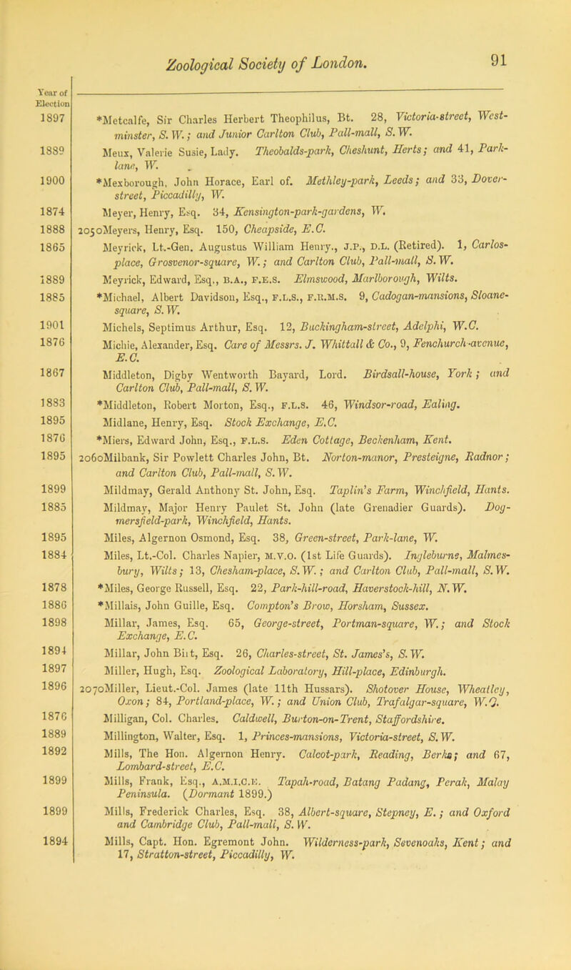 Year of Election 1S97 1889 1900 1874 1888 1865 1889 1885 1901 1876 1867 1883 1895 1870 1895 1899 1885 1895 1884 1878 1886 1898 1894 1897 1896 187C 1889 1892 1899 1899 1894 ♦Metcalfe, Sir Charles Herbert Theophilus, Bt. 28, Victoria-street, TVesi- minster, S. lb.; and Junior Carlton Club) Pall-mall) S. TV. Metis, Valerie Susie, Lady. Thcobalds-parli, Cheshunt, Herts ; and 41, Park- lane, TV. ♦M ex borough, John Horace, Earl of. Methley-park, Leeds; and 33, Borer- street, Piccadilly, TV. Meyer, Henry, Esq. 34, Kensington-park-gardens, TV. 205oMeyers, Henry, Esq. 150, Cheapside, E.C. Meyrick, Lt.-Gen. Augustus William Henry., J.P., D.L. (Retired). 1, Carlos- place, Grosvenor-square, TV; and Carlton Club, Pall-mall, A’.TV. Meyrick, Edward, Esq., B.A., f.e.s. Elmswood, Marlborough, Wilts. ♦Michael, Albert Davidson, Esq., F.L.S., f.K.m.S. 9, Cadogan-mansions, Sloane- square, S. TV. Michels, Septimus Arthur, Esq. 12, Backingham-slreet, Adelphi, TV.C. Michie, Alexander, Esq. Care of Messrs. J. Whittall & Co., 9, Fenchurch-avenue, E.C. Middleton, Digby Wentworth Bayard, Lord. Birdsall-house, York; and Carlton Club, Pall-mall, S. TV. ♦Middleton, Robert Morton, Esq., F.L.S. 46, Windsor-road, Ealing. Midlane, Henry, Esq. Stock Exchange, E.C. ♦Miers, Edward John, Esq., F.L.S. Eden Cottage, Beckenham, Kent. 2o6oMilbank, Sir Powlett Charles John, Bt. Norton-manor, Presteigne, Radnor; and Carlton Club, Pall-mall, S’. TV. Mildmay, Gerald Anthony St. John, Esq. Taplin's Farm, Winchfield, Hants. Mildmav, Major Henry Paulet St. John (late Grenadier Guards). Bog- mersfield-park, Winchfield, Hants. Miles, Algernon Osmond, Esq. 38, Green-street, Park-lane, TV. Miles, Lt.-Col. Charles Napier, M.v.O. (1st Life Guards). Ingleburne, Malmes- bury, Wilts; 13, Chesham-place, S. TV.; and Carlton Club, Pall-mall, S. TV. ♦Miles, George Russell, Esq. 22, Park-hill-road, Haver stock-hill, N.W. ♦Millais, John Guille, Esq. Compton’s Brow, Horsham, Sussex. Millar, James, Esq. 65, George-street, Fortman-square, TV.; and Stock Exchange, E.C. Millar, John Biit, Esq. 26, Charles-street, St. James’s, S. TV. Miller, Hugh, Esq. Zoological Laboratory, Hill-place, Edinburgh. 2070Miller, Lieut.-Col. James (late 11th Hussars). Shotover House, Wheatley, Oxon; 84, Portland-place, TV; and Union Club, Trafalgar-square, W.Q. Milligan, Col. Charles. Caldwell, Burton-on-Trent, Staffordshire. Millington, Walter, Esq. 1, Princes-mansions, Victoria-street, S. TV. Mills, The Hon. Algernon Henry. Calcot-park, Reading, Berks; and 67, Lombard-street, E.C. Mills, Frank, Esq., A.M.l.C.E. Tapah-roud, Batang Padang, Perak, Malay Peninsula. (fBormant 1899.) Mills, Frederick Charles, Esq. 38, Albert-square, Stepney, E.; and Oxford and Cambridge Club, Pall-mall, S. IV. Mills, Capt. Hon. Egremont John. Wilderness-park, Sevenoaks, Kent; and 17, Stratton-street, Piccadilly, TV.