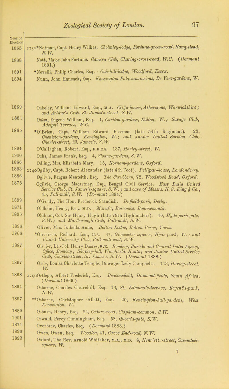 Year of Election 1865 1888 1891 1894 2233*Notroan, Capt. Henry Wilkes. Cholmley-lodge, Fortune-green-road, Hampstead, N. IV. Nott, Major John Fortune. Camera Club, Charing-cross-road, W.C. (Dormant 1891.) ♦Novelli, Philip Charles, Esq. Oak-hill-lodge, Woodford, Essex. Nunn, John Hancock, Esq. Kensington Palace-mansions, Be Vere-gardens, TV. 1869 1881 1865 1894 1900 1866 1893 1886 1875 1899 1871 1896 1896 1866 1887 1897 1868 1894 1897 1889 1901 1874 1896 1892 Oakeley, William Edward, Esq., m.a. Cl iffe-house, Atherstone, Warwickshire; and Arthur's Club, St. James’s-street, S.W. Oates, Eugene William, Esq. 1, Carlton-gardens, Ealing, W.; Savage Club, Adelphi Terrace, W.C. •O’Brien, Capt. William Edward Freeman (late 54th Regiment). 23, Cheniston-gardens, Kensington, W.; and Junior United Service Club, Charles-street, St, James's, S. W. O’Callaghan, Robert, Esq., f.r.c.s. 137, Harley-street, W. Ochs, James Frank, Esq. 4, Sloanc-gardens, S. W. Odling, Mrs. Elizabeth Mary. 15, Norham-gardens, Oxford. I24o0gilby, Capt. Robert Alexander (late 4th Foot). Pellipar-house, Londonderry. Ogilvie, Fergus Menteith, Esq. The Shrubbery, 72, Woodstock Road, Oxford. Ogi 1 vie, George Macartney, Esq., Bengal Civil Service. East India United Service Club, St. James’s-square, S. W.; and care of Messrs. H. S. King $ Co., 45, Pall-mall, S.W. (Dormant 1894.) O’Grady, The Hon. Frederick Standish. Dufficld-park, Derby. Oldham, Henry, Esq., M.n. Marufa, Boscombe, Bournemouth. Oldham, Col. Sir Henry Hugh (late 79th Highlanders). 46, Hyda-park-gate, S. IF.; and Marlborough Club, Pall-mall, S. W. Oliver, Mrs. Isabella Anne, Bolton Lodge, Bollon Percy, Yorks. •Oliverson, Richard, Esq., SI.A. 37, Gloucester-square, Hyde-park, IF.; and United University Club, Pall-mall-east, S. IF Olivi-r, Lt.-Col. Henry Dacres, r.e. Bombay, Baroda and Central Lndia Agency Office, Bombay; Shapley-hill, Winch held, Hants; and Junior United Se rvice Ciub, Charles-street, St. James's, S.W. (Dormant 1888.) Ordo, Louisa Chai lotte Temple, Dowager Lady Cam) bell-. 143, Harley-street, W. 2 55oOrtlepp, Albert Frederick, Esq. Beaconsfield, Diamond-fields, South Africa. (Dormant 1869.) Osborne, Charles Churchill, Esq. 16, St. Edmund's-terrace, Regent's-park, N.W. ♦•Osborne, Christopher Allatt, Esq. 20, Kcnsington-hall-gardcns, West Kensington, W. Osburn, Henry, Esq. 24, Cedars-road, Clapham-common, S. IF. Oswald, Percy Cunningham, Esq. 58, Queen's-gate, S. W. Overbeck, Charles, Esq. (Dormant 1883.) Owen, Owen, Esq. Woodlea, 41, Grove End-road, N.W. Oxford, The Rev. Arnold Whitaker, M.A., m.d. 8, Henriett .-street, Cavendish- square, W. 1