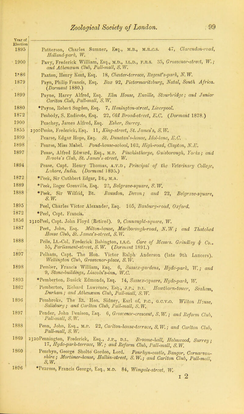 Year of Election 1895 1900 l.*86 1879 1899 1880 1872 1900 1855 1899 1898 [ 1897 ‘ 1894 1872 1889 1888 1895 1872 1856 1887 1888 1897 1898 1893 1862 1896 1897 1888 1869 1860 1896 Patterson, Charles Sumner, Esq., M.B., M.n.C.S. 47, Clarendon-road, Holland-park, IV. Pavy, Frederick William, Esq., M.D., IX. D., f.r.s. 35, Grosvenor-strect, TV; and Athenaum Club, Pall-mall, S. TV. Paxton, Henry Kent, Esq. 18, Chester-terrace, Regent’s-park, N. TV. Payn, Philip Francis, Esq. Box 92, Pietermaritzburg, Natal, South Africa. (Dormant 1880.) Payne, Harry Alfred, Esq. Elm House, Enville, Stourbridge; and Junior Carlton Club, Pall-mall, S. TV. ♦Payne, Robert Sugden, Esq. 7, Hanington-street, Liverpool. Peabody, S. Endicote, Esq. 22, Old Broad-street, E.C. (Dormant 1878.) Peachey, James Alfrod, Esq. Esher, Surrey. 230oPeake, Frederick, Esq. 11, King-street, St. James's, S. TV. Pearse, Edgar Hope, Esq. St. Dunstan’s-house, Idol-lane, E.C. Pearse, Miss Mabel. Pond-house-school, 162, High-road, Clapton, N.E. Pease, Alfred Edward, Esq., m.p. Pinchinthorpe, Guisborough, Yorks; and Brooks's Club, St. James's-street, TV. Pease, Capt. Henry Thomas, a.V.d , Principal of the Veterinary College, Lahore, India. (Dormant 1895.) ♦Peek, Sir Cuthbert Edgar, Lit., M.A. „ ♦Peek, Roger Grenville, Esq. 22, Bclgrave-square, S. TV. ♦Peek, Sir Wilfrid, Bt. Rousdon, Devon; and 22, Belgrave-square, S. TV. Peel, Charles Victor Alexander, Esq. 105, Banbury-road, Oxford. ♦Peel, Capt. Francis. 2 3ioPeel, Capt. John Floyd (Retired). 9, Connaught-square, TV. Peet, John, Esq. Milton-house, Marlborough-road, A7.TV; and Thatched House Club, St. James’s-street, S. TV. Peile, Lt.-Col. Frederick Babington, i.s.c. Care of Messrs. Grindlay $ Co., 55, Parliament-street, S.W. (Dormant 1891.) Pelham, Capt. The Hon. Victor Ralph Anderson (late 9th Lancers). Wellington Club, Grosvcnor-place, S. TV. Pem’oer, Francis William, Esq. 6, Sussex-gardens, Hyde-park, TV.; and 9, Stone-buildings, Lincoln’s-inn, W.C. ♦Pemberton, Busick Edmonds, Esq. 14, Sussex-square, Hyde-park, TV. Pemberton, Richard Lawrence, Esq., j.p., nx. Hawthorn-tower, Seaham, Durham ; and Athenaeum Club, Pall-mall, S. TV. Pembroke, The Rt. Hon. Sidney, Earl of, p.c., G.C.V.O. Wilton House, Salisbury ; and Carlton Club, Pall-mall, S. TV. Pender, John Denison, Esq. 6, Groscenor-crescent, S.W. ; and Reform Club Pall-mall, S. TV. J Penn, John, Esq., m.p. 22, Carlton-house-terrace, S.W.; and Carlton Club, Pall-mall, S. TV. 232oPennington, Frederick, Esq., J.p., d.l. Broome-hall, Ilolmwood, Surrey; 17, Hyde-park-terracc, TV.; and Reform Club, Pall-mall, S. TV. Penrhyn, George Sholto Gordon, Lord. Penrhyn-castle, Bangor, Carnarvon- shire; Mortimer-house, Halkin-street, S.W.;'and Carlton Club, Pall-mall, s. w. ♦Penrose, Francis George, Esq., m.d. 84, Wimpole-strcet, TV. i 2