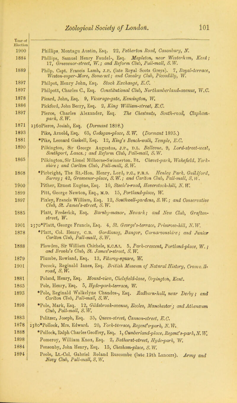 Year of Flection 1900 188+ 1889 1897 1897 1878 1888 1897 1871 1893 1881 1890 1865 1868 1600 1899 1897 1885 1901 1878 1888 1879 1901 1881 1865 1893 1898 1883 1878 1888 1898 1884 1894 Phillips, Montagu Austin, Esq. 22, Petherton Road, Canonbury, N. Phillips, Samuel Henry Faudel-, Esq. Mapleton, near Westerhnm, Kent; 17, Grosvenor-street, W.; and Reform Club, Pall-mall, S.W. Philp, Capt. Francis Lamb, j.p. (late Royal Scots Greys). 7, Royal-terrace, Weston-super-Mare, Somerset; and Cavalry Club, Piccadilly, W. Philpot, Henry John, Esq. Stock Exchange, E.C. Philpott, Charles C., Esq. Constitutional Club, Northumberland-avenue, W.C. Picard, John, Esq. 9, Vicarage-gate, Kensington, W. Pickford, John Berry, Esq. 2, King William-street, E.C. Pierce, Charles Alexander, Esq. The Chestnuts, South-road, Clapham• park, S. W. > 236oPierce, Josiah, Esq, (Dormant 1898.) Pike, Arnold, Esq. 65, Cadogan-place, S. W. (Dormant 1895.) ♦Pike, Leonard Gaskell, Esq. 12, King's Bench-walk, Temple, E.C. Pilkington, Sir George Augustus, j.p., d.l. Bellevue, 9, Lord-street-west, Southport, Lancs.; and Reform Club, Pall-mall, S. W. Pilkington, Sir Lionel Milborne-Swinnerton. Rt. Chevet-park, Wakefield, York- shire ; and Carlton Club, Pall-mall, S. W. ♦Pirbright, The Rt.-Hon. Henry, Lord, P.O., f.r.s. Henley Park, Guildford, Surrey; 42, Grosvenor-place, S. W.; and Carlton Club, Pall-mall, S. W. Pither, Ernest Eugene, Esq. 10, Steele's-road, ffaverstock-hill, N. IT. Pitt, George Newton, Esq., m.d. 15, Portland-place, W. Pixley, Francis William, Esq. 12, Southwell-gardens, S. W.; and Conservative Club, St. James’s-street, S. W. Platt, Frederick, Esq, Barnby-manor, Newark; and New Club, Graf ton- street, W. 237o*Platt, George Francis, Esq, 4, St. George's-terrace, Primrose-hill, N.W. ♦Platt, Col. Henry, C.B. Gordinnog, Bangor, Carnarvonshire; and Junior Carlton Club, Pall-mall, S.W. Plowden, Sir William Chichele, k.c.s.t. 5, Park-crescent, Portland-place, W. ; and Brooks’s Club, St. James’s-street, S. W. Plumbe, Rowland, Esq, 13, Fitzroy-square, W. Pocock, Reginald Innes, Esq. British Museum of Natural History, Cromw, ll- road, S. W. Poland, Henry, Esq. Mount-view, Chelsfield-lane, Orpington, Kent. Pole, Henry, Esq. 5, Hyde-park-terrace, W, ♦Pole, Reginald Walkelyne Chandos-, Esq. Radburn-hall, near Derby; and Carlton Club, Pall-mall, S. W. •Pole, Mark, Esq. 12, Gildabrook-avenue, Eccles, Manchester; and Athena: um Club, Pall-mall, S. W. Politzer, Joseph, Esq. 35, Queen-street, Cannon-street, E.C. 238o*Pollock, Mrs. Edward. 20, York-Urrace, Regent’s-park, N. IP. ♦Pollock, Ralph Charles Geoffrey, Esq. 1, Cumberland-place, Regent's-park, iV. IF, Pomeroy, William Knox, Esq, 2, Bathurst-street, Hyde-park, TF. Ponsonby, John Henry, Esq. 15, Chesham-place, S. W. Poole, Lt.-Col. Gabriel Roland Ruscombe (lute 12th Lancers). Army and Navy Club, Pall-mall, S. W.