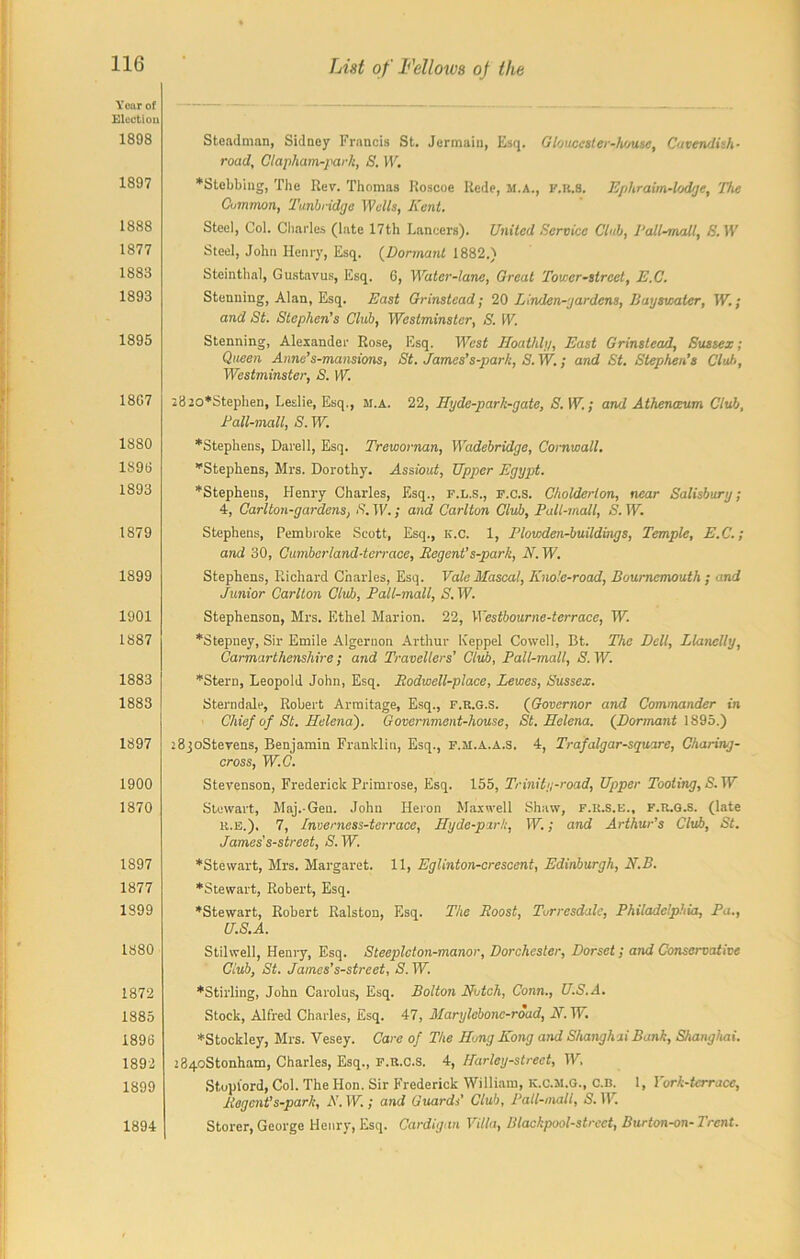 Year of Election 1898 1897 1888 1877 1883 1893 1895 18G7 1880 1896 1893 1879 1899 1901 1887 1883 1883 1897 1900 1870 1897 1877 1899 1380 1872 1885 1896 1892 1899 1894 Steadman, Sidney Francis St. Jermaiu, Esq. Gloucester-house, Cavendish- road, Clapham-park, S. W. Stobbing, The Rev. Thomas Roscoe Rede, M.A., F.R.8. Epliraim-lodge, The Common, Tunbridge Wells, Kent. Steel, Col. Charles (late 17th Lancers). United Service Club, Tail-mail, S.W Steel, John Henry, Esq. (Dormant 1882.) Steinthal, Gustavus, Esq. 6, Water-lane, Great Tower-street, E.C. Stenning, Alan, Esq. East Grinstead; 20 Linden-gardens, Baymoater, W.; and St. Stephen's Club, Westminster, S. W. Stenning, Alexander Rose, Esq. West Hoathly, East Grinstead, Sussex; Queen Anne’s-mansions, St. James’s-park, S. W.; and St. Stephen’s Club, Westminster, S. W. 2820*Stephen, Leslie, Esq., jj.a. 22, Hyde-park-gate, S. W.; and Athenccum Club, Tail-mail, S. W. Stephens, Darell, Esq. Trewornan, Wadebridge, Cornwall. Stephens, Mrs. Dorothy. Assiout, Upper Egypt. Stephens, Henry Charles, Esq., f.l.s., f.c.S. Cholderton, near Salisbury; 4, Carlton-gardens, S. IF.; and Carlton Club, Pall-mall, S. W. Stephens, Pembroke Scott, Esq., IC.C. 1, Plowden-buildings, Temple, E.C.; and 30, Cumberland-terrace, Regent’s-park, N. W. Stephens, Richard Charles, Esq. Vale Mascal, Knole-road, Bournemouth ; and Junior Carlton Club, Pall-mall, S. W. Stephenson, Mrs. Ethel Marion. 22, Westbourne-terracc, W. Stepney, Sir Emile Algernon Arthur Keppel Cowell, Bt. The Dell, Llanelly, Carmarthenshire; and Travellers' Club, Pall-mall, S. W. Stern, Leopold John, Esq. Rodwell-place, Lewes, Sussex. Sterndale, Robert Armitage, Esq., f.r.g.s. (Governor and Commander in Chief of St. Helena'). Government-house, St. Helena. (Dormant 1895.) iBqoStevens, Benjamin Franklin, Esq., F.5I.A.A.S. 4, Trafalgar-square, Charing- cross, W.C. Stevenson, Frederick Primrose, Esq. 155, Trinity-road, Upper Tooting, S.W Stewart, Maj.-Gen. John Heron Maxwell Shaw, F.R.S.E., F.R.G.S. (late K.E.), 7, Tnverness-terrace, Hyde-park, W.; and Arthur’s Club, St. James's-street, S.W. Stewart, Mrs. Margaret. 11, Eglinton-crescent, Edinburgh, N.B. Stewart, Robert, Esq. Stewart, Robert Ralston, Esq. The Roost, Torresdale, Philadelphia, Pa., U.S.A. Stilvvell, Henry, Esq. Steeplcton-manor, Dorchester, Dorset; and Conservative Club, St. James’s-street, S. W. Stirling, John Carolus, Esq. Bolton Notch, Conn., U.S.A. Stock, Alfred Charles, Esq. 47, Marylebonc-road, N. IF. Stockley, Mrs. Vesey. Care of The Hong Kong and Shangh ai Bank, Shanghai. 284oStonham, Charles, Esq., F.R.G.S. 4, Harley-street, IF. Stoplord, Col. The Hon. Sir Frederick William, k.c.m.G., C.b. 1, York-tcrrace, Regent's-park, K.W.; and Guards’ Club, Pall-mall, S.W. Storcr, George Henry, Esq. Cardigan Villa, Blaekpool-strcct, Burton-on-Trent.
